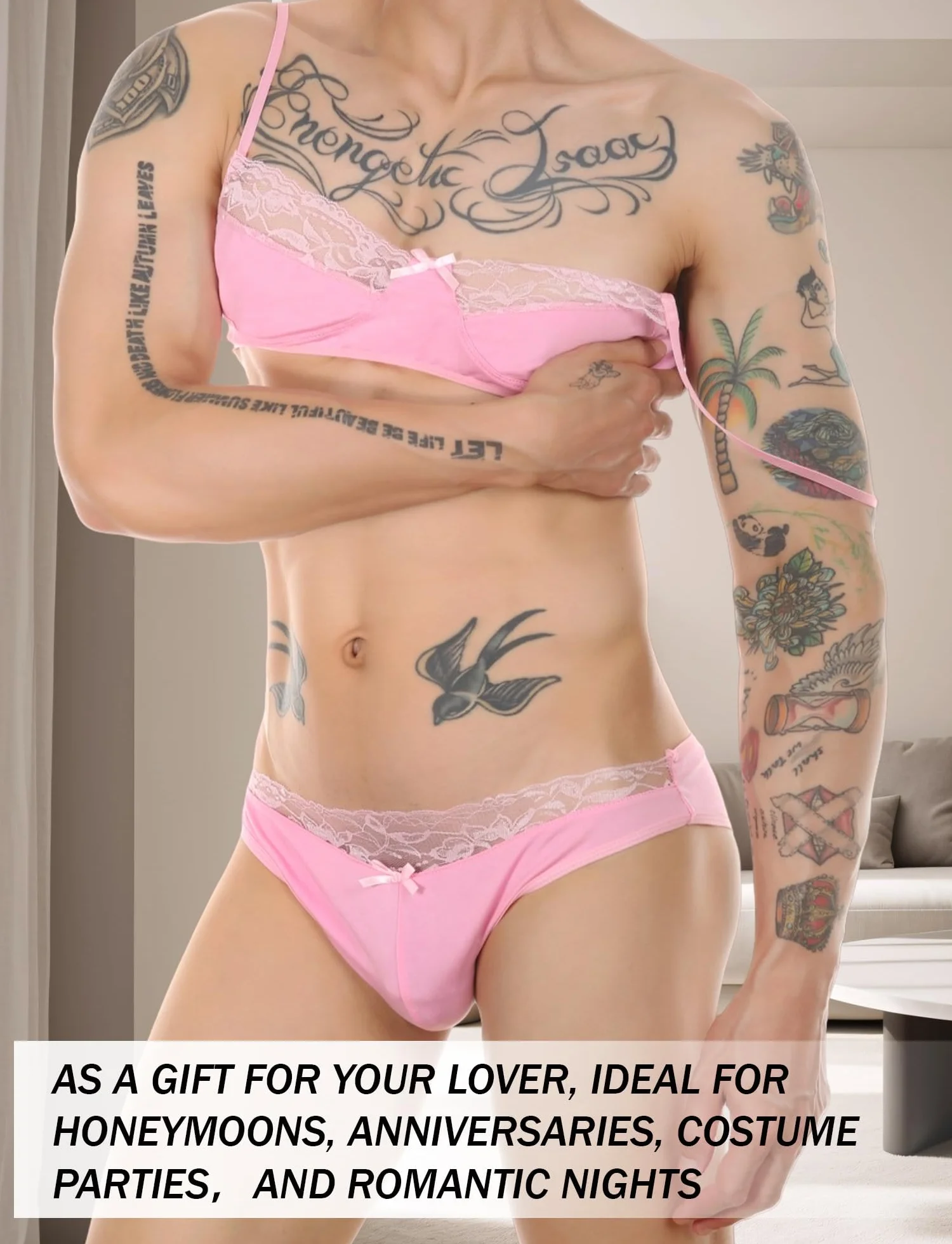 Happy Cherry Męskie bikini crossdressing zestaw bielizny koronkowy biustonosz bielizna zestaw 2-częściowy
