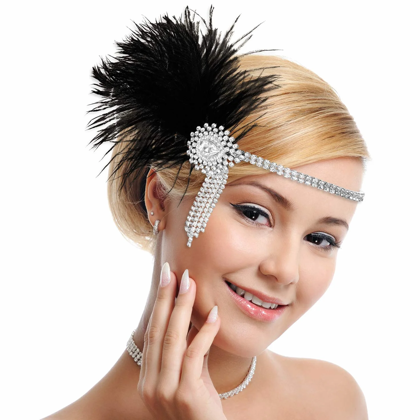 MWOOT Opaska z piórami Rok 20 Korona Pióro Rhinestone Akcesoria Flapper Opaska na głowę 1920 Vintage Klasyczna impreza tematyczna