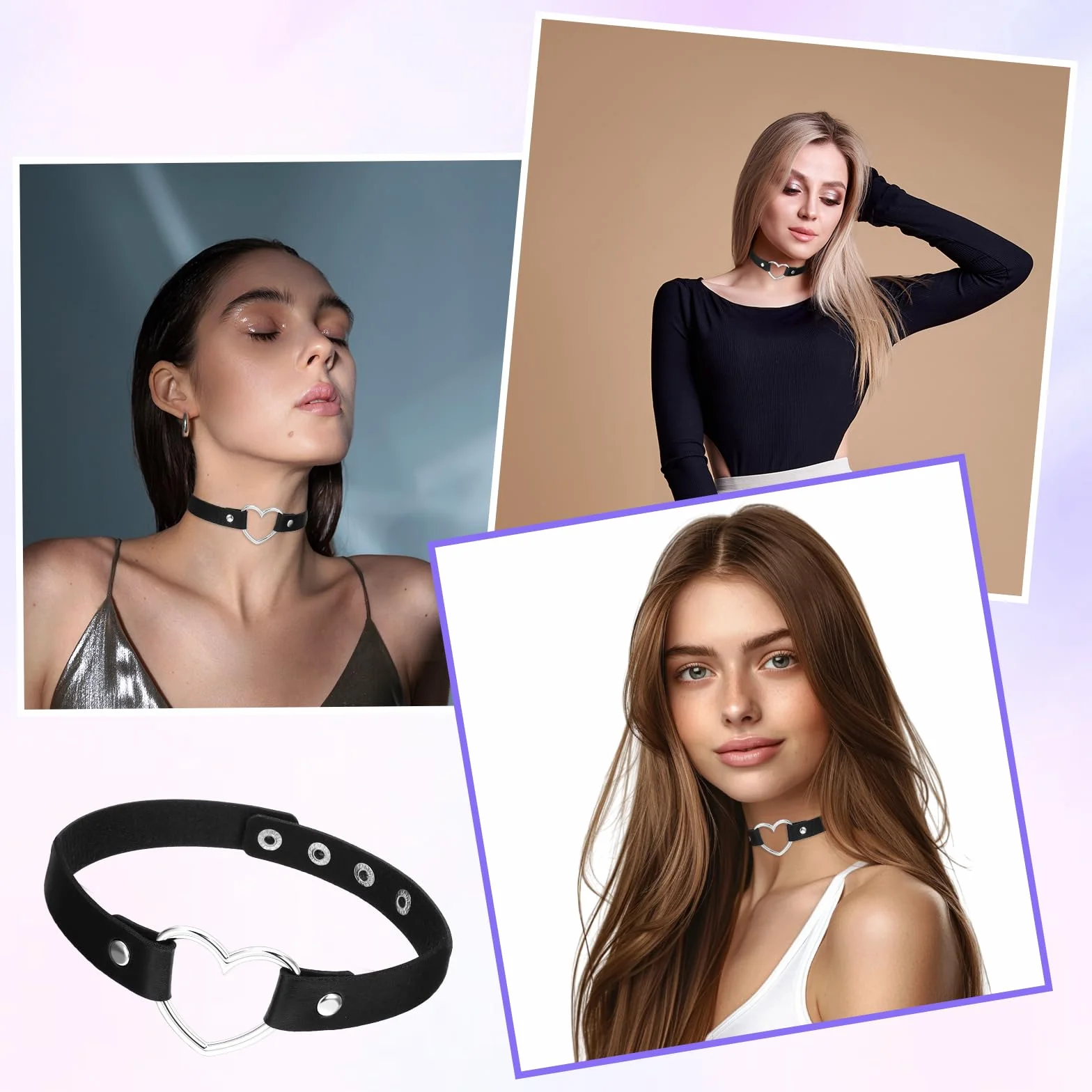 DSLSQD 2 sztuki punkowych sercowych naszyjników typu choker, z czterema klamrami, regulowane, gotyckie chokery, skóra PU, naszyjnik z łańcuszkiem, wisiorek w kształcie serca, elegancki kołnierz