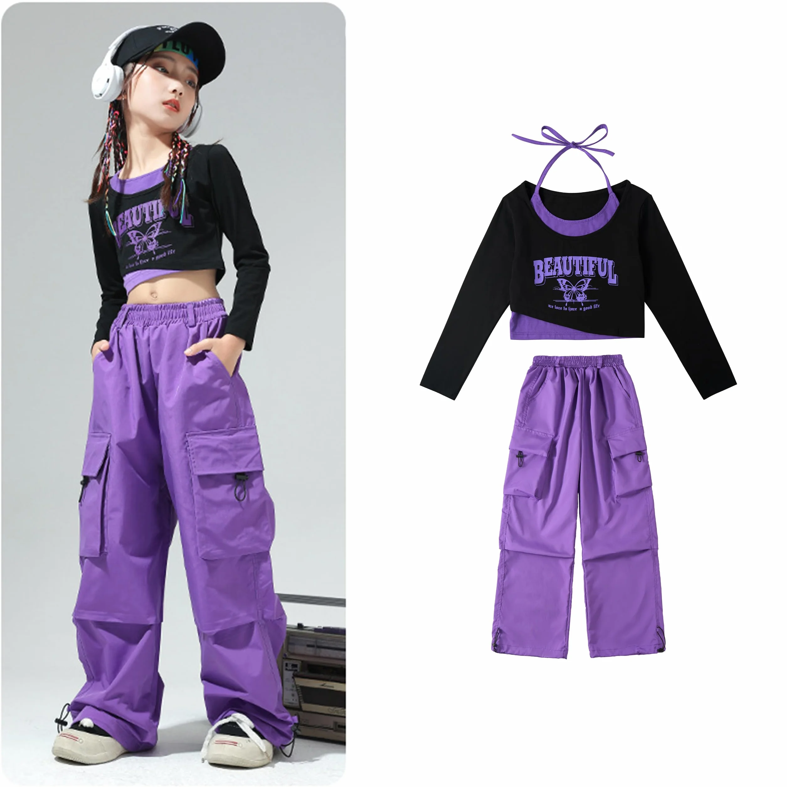 LOLANTA Dziewczęcy zestaw hip-hopowy, krótki top z nadrukiem i spodnie cargo, zestaw do tańca, nowoczesna streetwear
