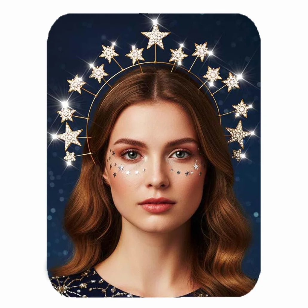 Reaky Star Halo korona, złote nakrycie głowy z gwiazdami ze strasu, korona halo, kryształowa opaska na czoło karnawałowe akcesoria do włosów dla kobiet