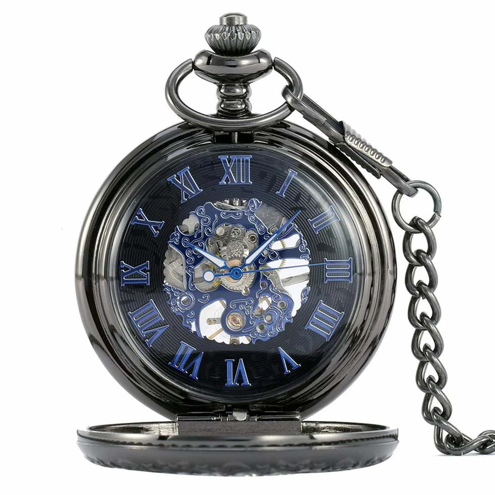 Avaner Posrebrzane starzejące się Steampunk Szkielet Roman Number Half Hunter Case Ręka Mechaniczny Wiatr Zegarek Kieszonkowy Naszyjnik, Model 7, Vintage
