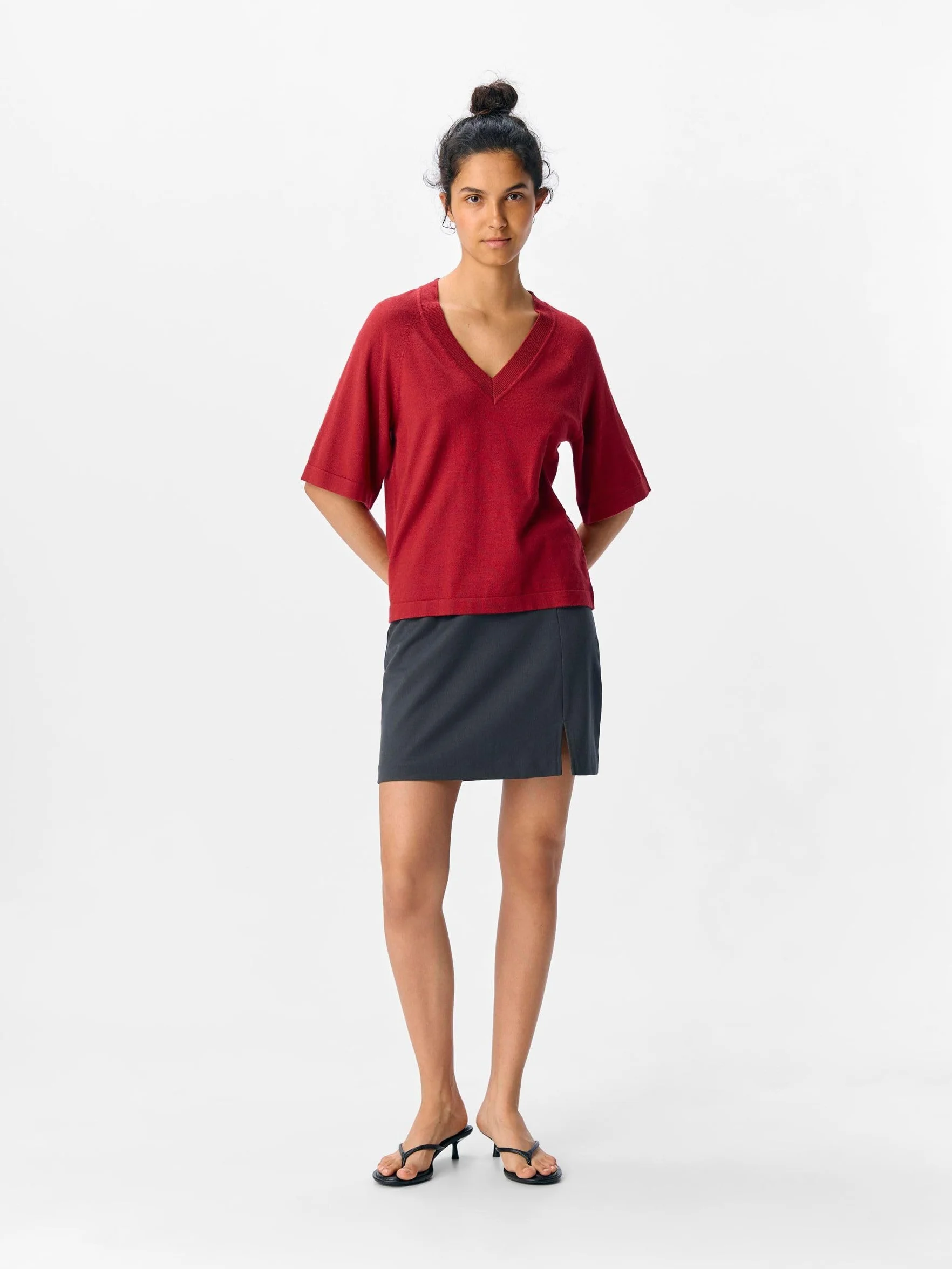 Objthess 2/4 Lo V-Neck Knit Top Noos, Karanda Red, M