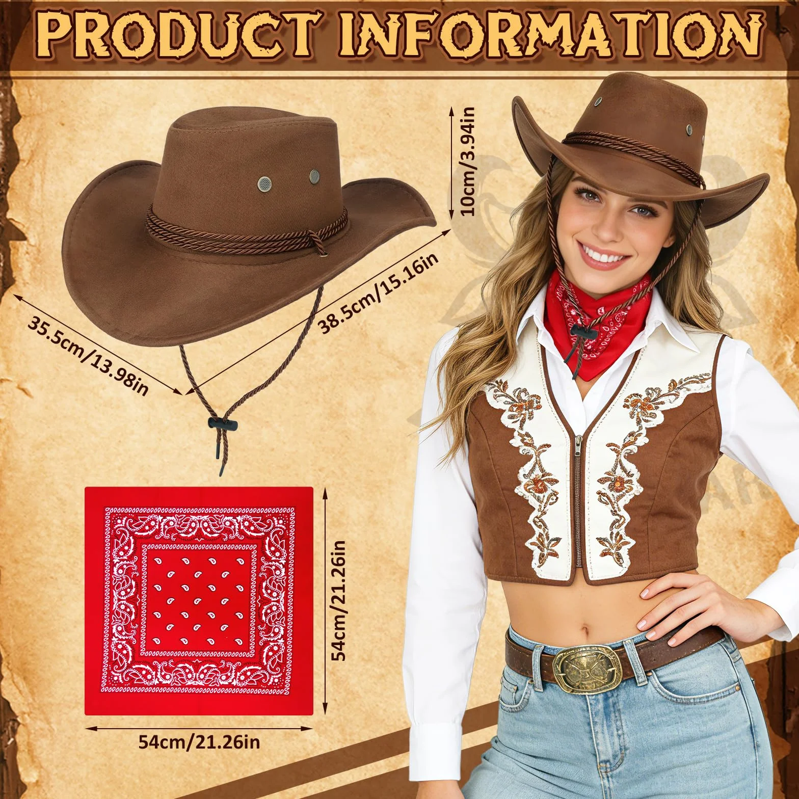 Zestaw 2 sztuk kapelusza kowbojskiego i bandany, western, kostium kowbojski, zestaw akcesoriów z kapeluszami kowbojskimi, bandana Paisley, dla mężczyzn i kobiet, na karnawał, Halloween