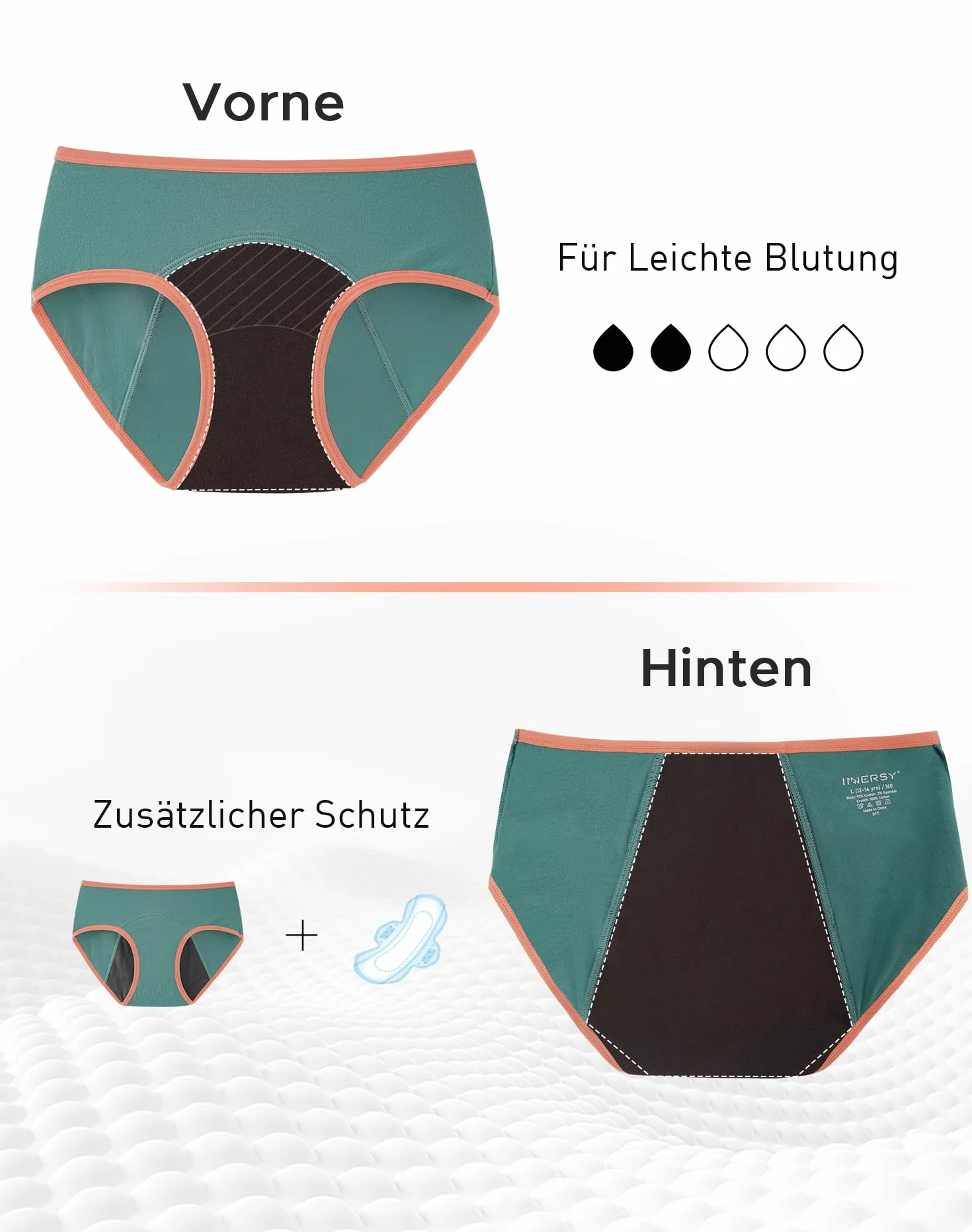 INNERSY Bielizna dla dziewcząt od Period, bielizna bawełniana, majtki z zabezpieczeniem przed wyciekiem, zestaw 3 szt, Czarny / zielony / różowy, 14 Lata