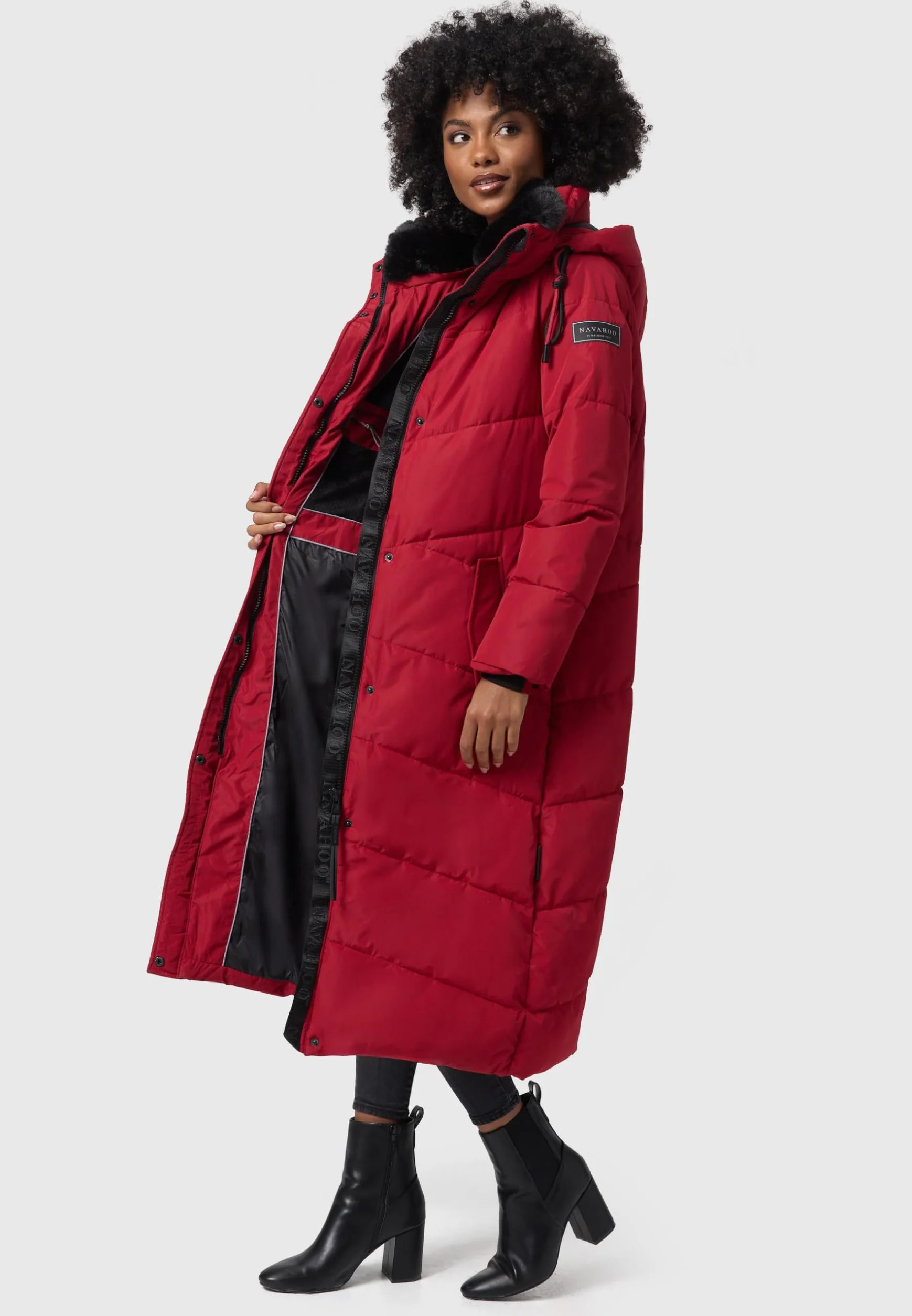 Navahoo Damski płaszcz zimowy, pikowany, bardzo długi, ze zdejmowanym kapturem, przyciąga wzrok XIV XS-XXL