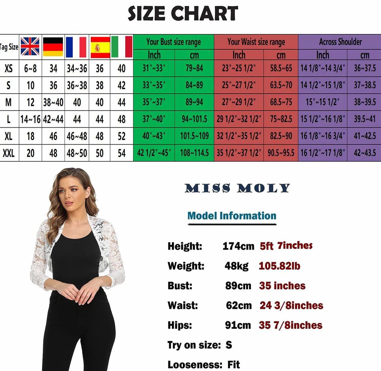 MISS MOLY Damskie bolerko, koronkowa kurtka, odświętna, krótka, kardigan, rękawy 3/4, kardigan z dzianiny, na wesele, sukienka koktajlowa