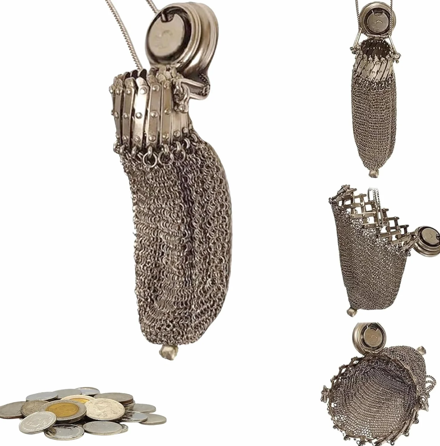 Ręcznie robiona angielska portmonetka na monety z lat 20. z siatki Chatelaine portmonetka, mini vintage podwójna siatka na monety, rzadkie kolekcjonerskie antyczne akcesoria, Srebrny