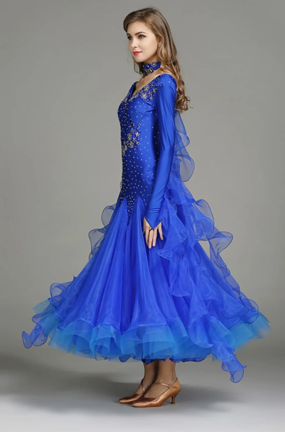 Damskie sukienki tańca towarzyskiego, wykwintne hafty diamentowe Foxtrot Waltz konkursowa sukienka, taniec nowoczesny z długim rękawem Prom Performance Dance Dress
