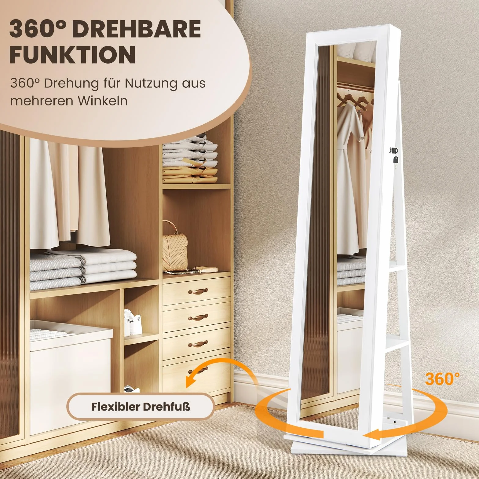 COSTWAY Szafka na biżuterię obracana o 360°, organizer na biżuterię z lustrem na całe ciało, regały tylne, lusterko do makijażu, 3 pudełka akrylowe i 2 kieszenie zapinane na zamek błyskawiczny