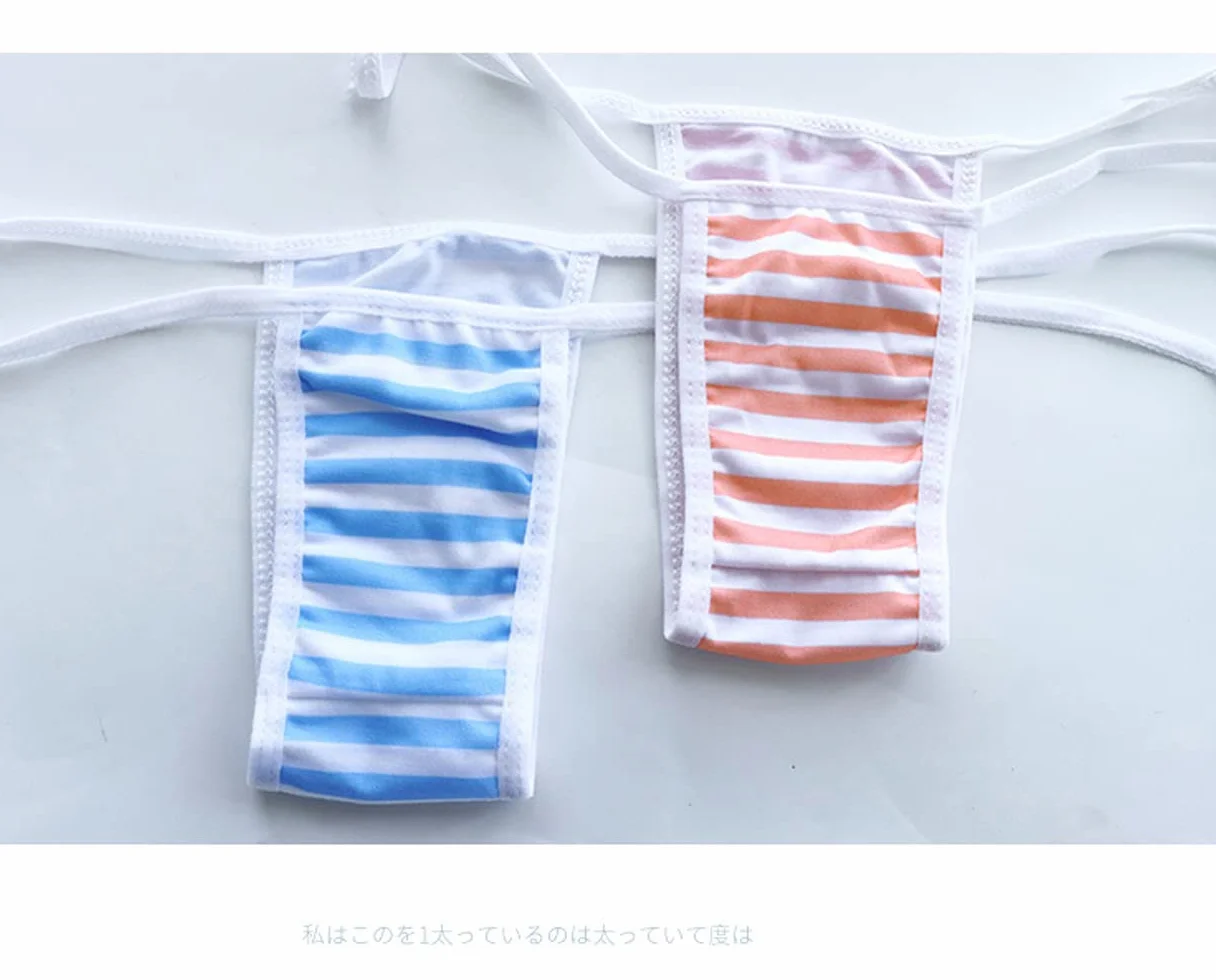 SINMIUANIME Damska bielizna anime w japońskim stylu seksowna niebiesko-różowe paski mikro bikini cosplay biustonosz i majtki zestaw, One Size