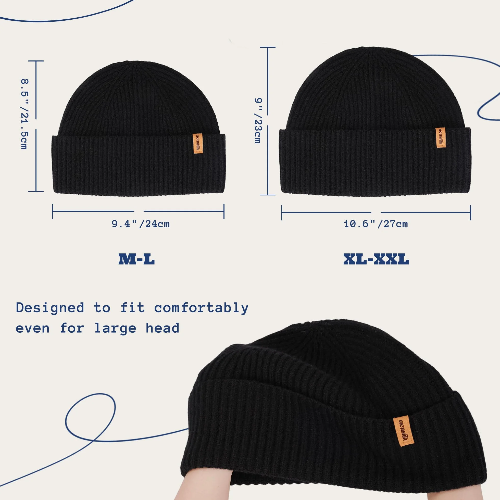 ACUSHLA 100% wełna merynosowa mankietowa czapka dla mężczyzn i kobiet dzianinowa czapka zimowa unisex czapka do zegarka Skullie na zimną pogodę