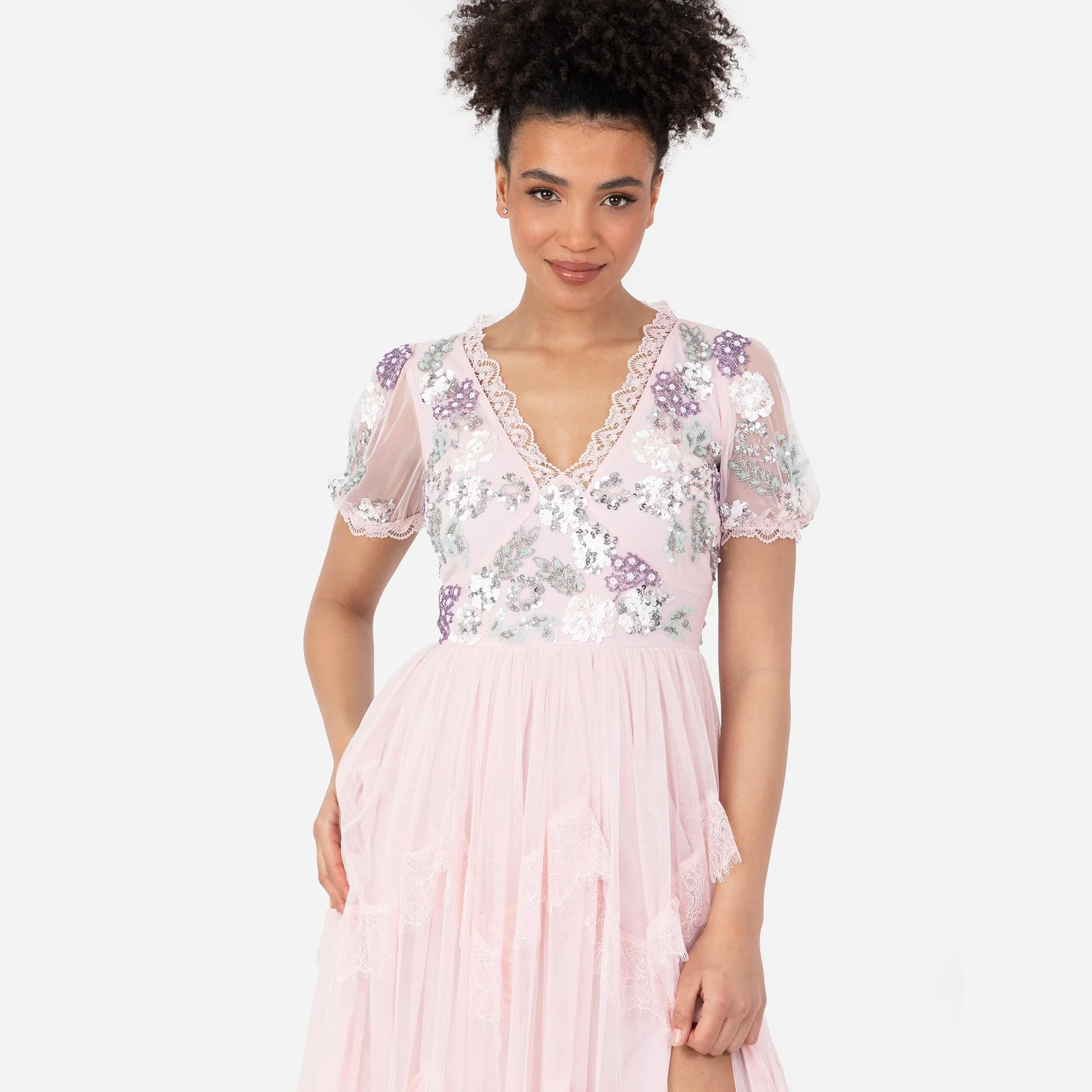 Maya Deluxe Damska sukienka maxi z krótkim rękawem z dekoltem w serek, wybijana koronka, tiulowa, rozcięta, linia A, dla panny młodej, różowa, 40, Crystal Pink, 40