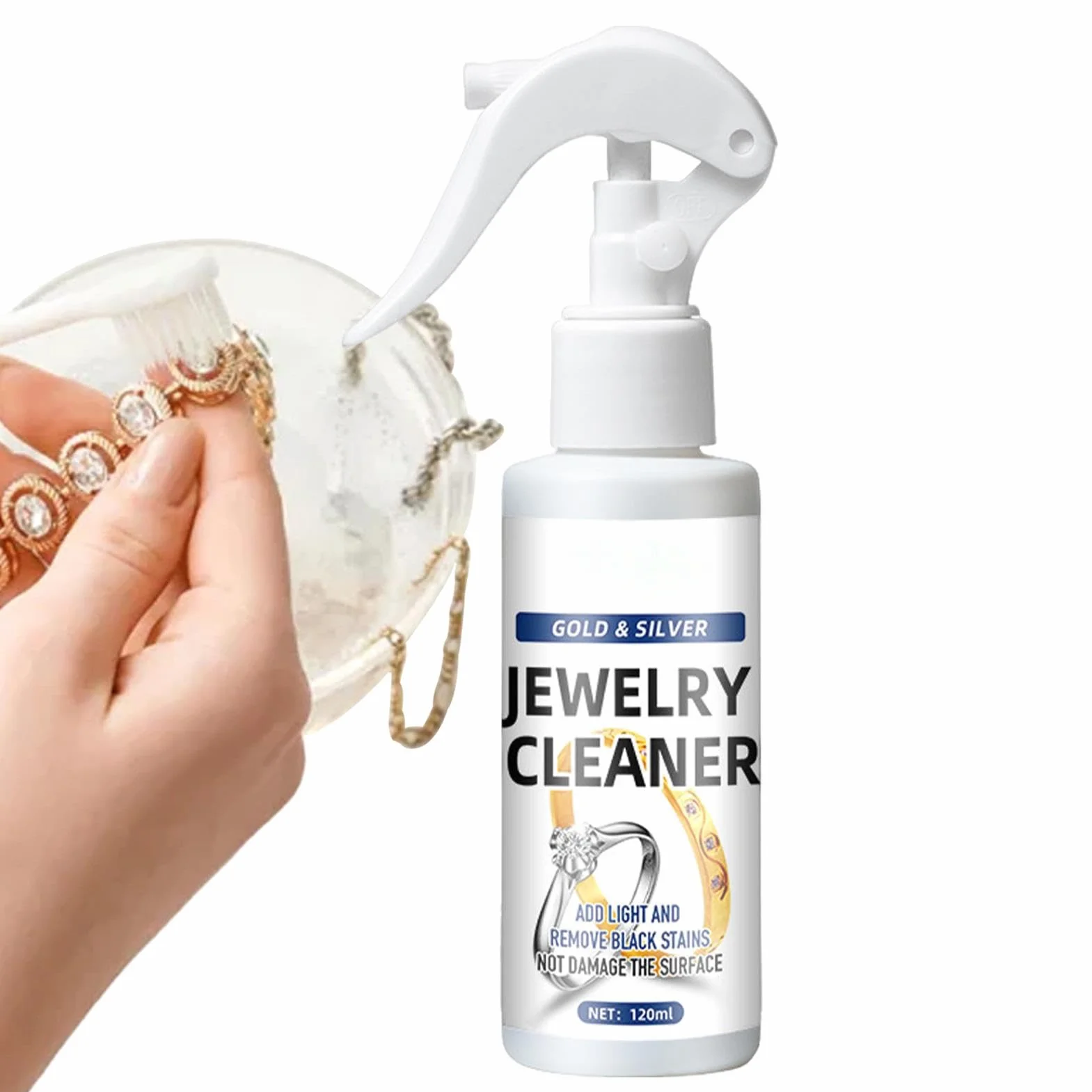 Spray do czyszczenia biżuterii, 120 ml, natychmiastowy środek do usuwania matowienia, rdzy i srebra, łagodny środek do czyszczenia biżuterii, do złota, mosiądzu, kamieni szlachetnych
