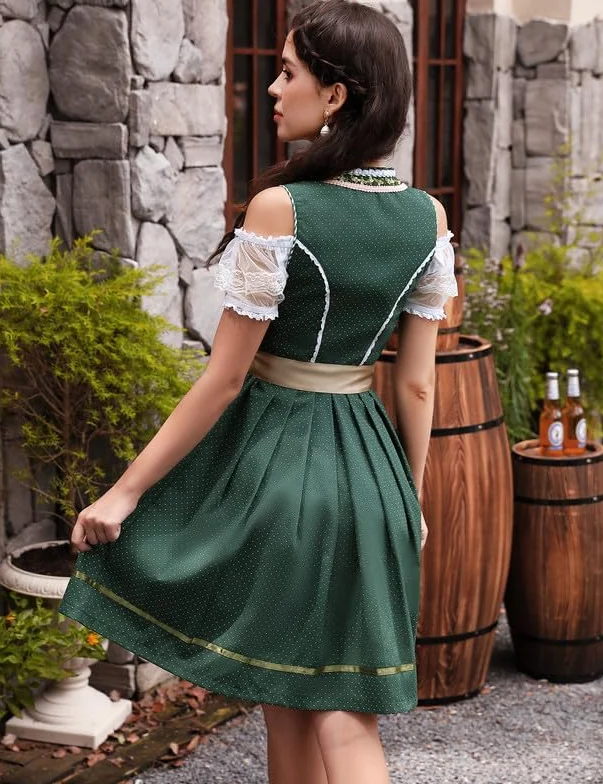 Clearlove Dirndl damska sukienka midi 3-częściowa sukienka do stroju ludowego, modna sukienka Dirndl, bluzka na Oktoberfest, zielony, 44