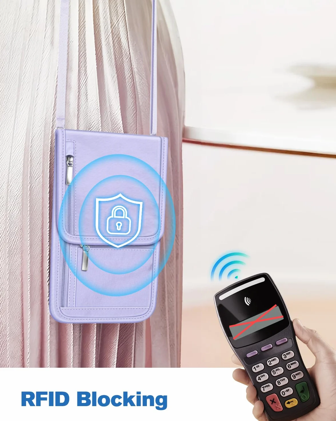 FINTIE Torebka na klatkę piersiową, torba na paszport, z blokadą RFID, torebka podróżna, torebka na telefon komórkowy, wiele kieszeni, przyjazna dla skóry, dla kobiet i mężczyzn, fioletowa