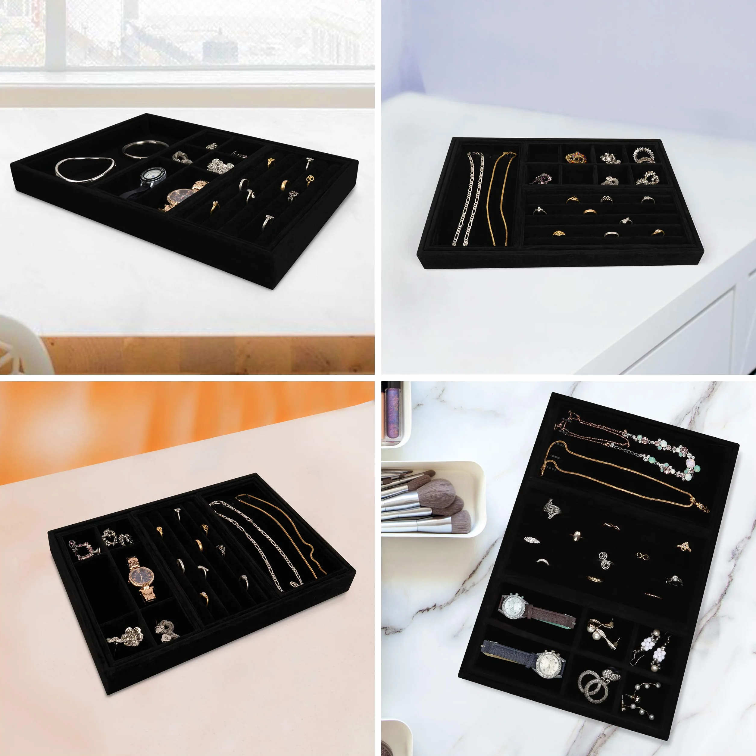 Belle Vous Czarne Aksamitne Tacki Organizery na Biżuterię (4 Sztuki) - 35,3 x 24,2 cm - Pudełka do Prezentacji - Ruchome Sekcje na Naszyjniki, Pierścionki, Bransoletki i Kolczyki