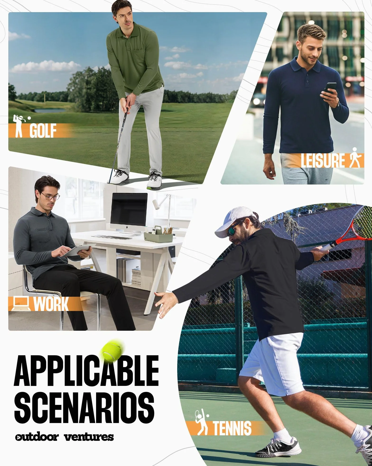 Outdoor Ventures Męska koszulka polo z długim rękawem, UPF50+, ochrona przed słońcem, ochrona przed promieniowaniem UV, koszulka polo dla mężczyzn, lekka, oddychająca koszulka polo, top do tenisa