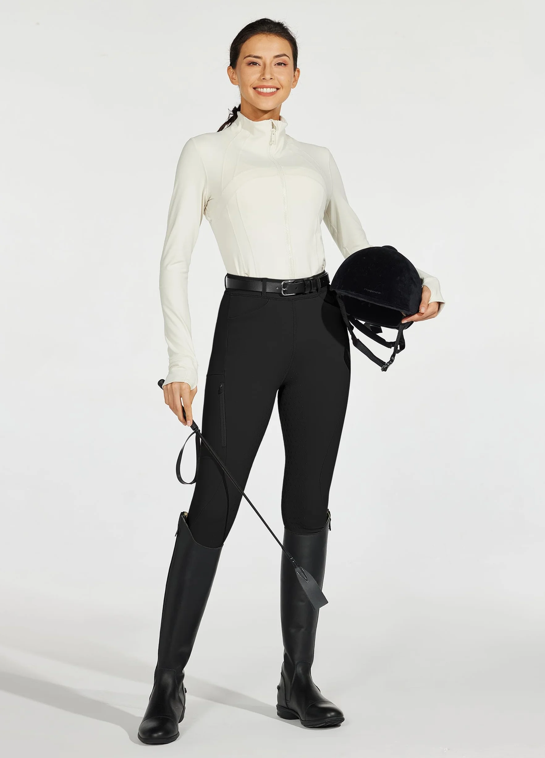 WILLIT Damskie bryczesy do jazdy konnej z pełnym obszyciem silikonowe bryczesy High Waist Stretch bryczesy z zamkiem błyskawicznym szlufki na