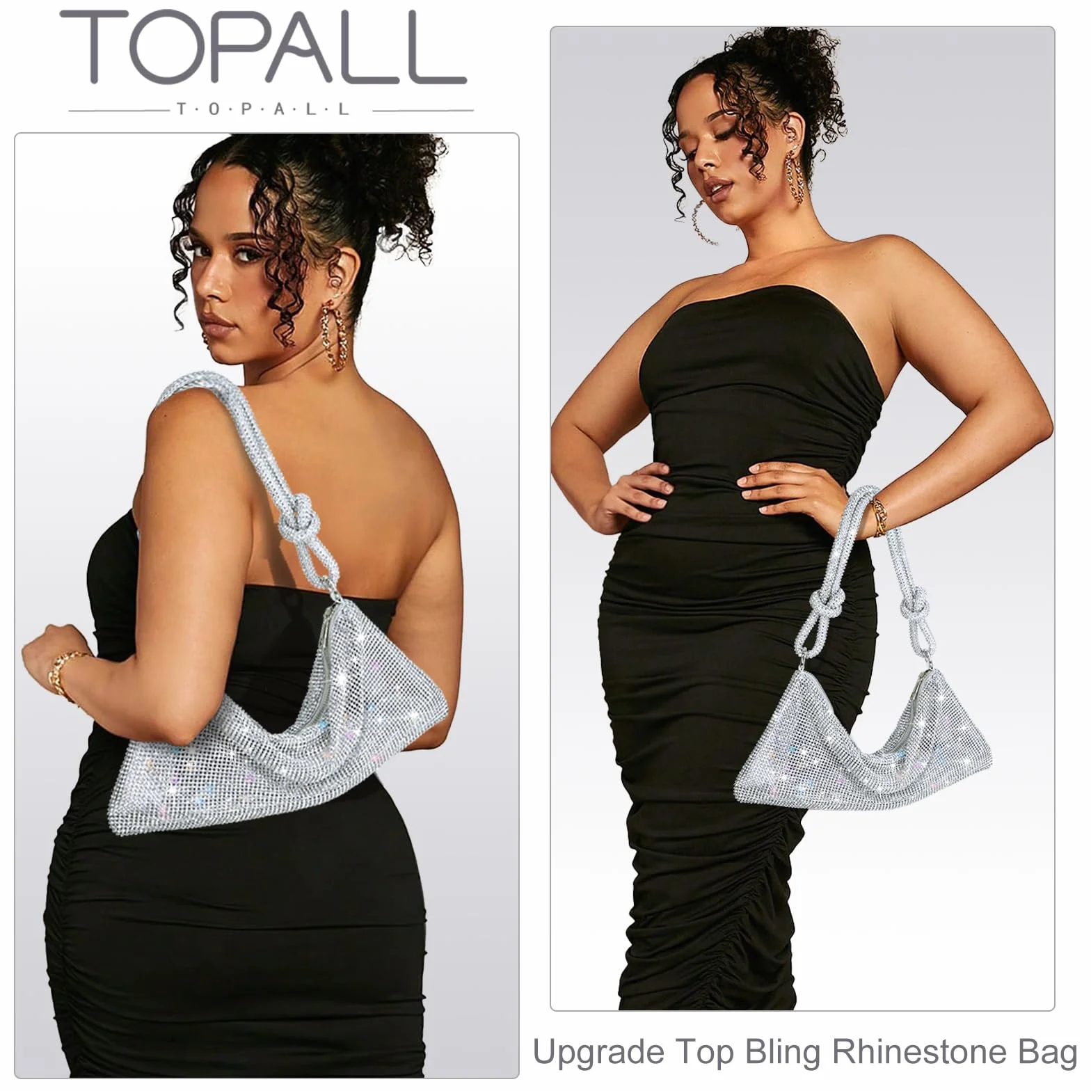 TOPALL Clutch błyszcząca damska srebrna torebka wieczorowa, torebka z diamentami na ramię, srebrna, elegancka z zamkiem błyskawicznym, kamienie strasu, kopertówka, torebka na ramię na imprezę, czas