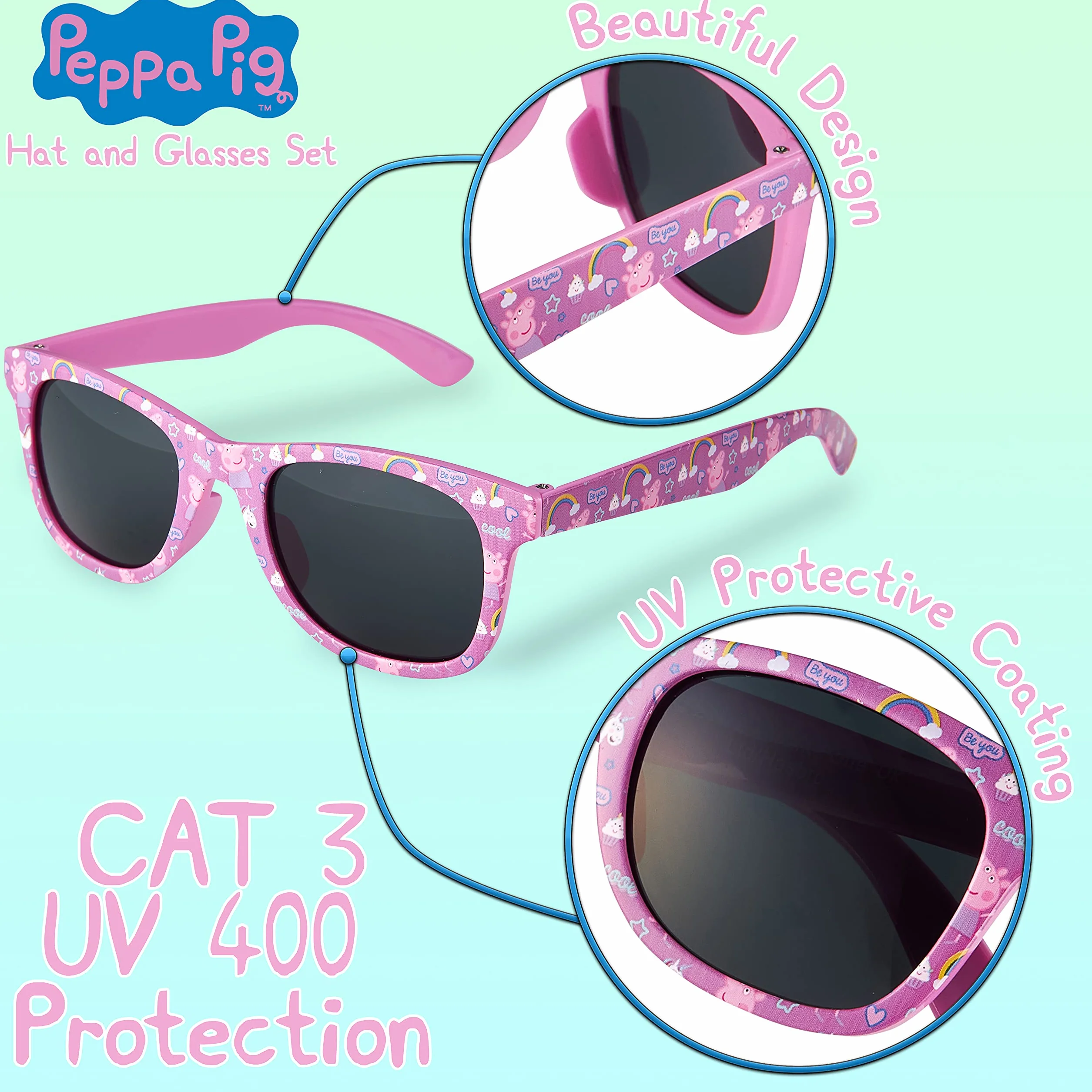 Peppa Pig Okulary przeciwsłoneczne czapka z daszkiem zestaw akcesoriów dla dziewczynek lato tęczowy jednorożec kapelusz przeciwsłoneczny 100% UV dzieci okulary przeciwsłoneczne plaża wakacje, różowy