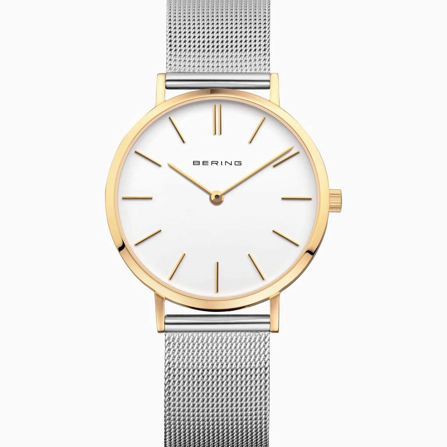 BERING Damski zegarek kwarcowy, zegarek na rękę, 34 mm, złota koperta ze stali nierdzewnej i biały cyferblat, bransoleta mediolańska, szkło szafirowe, 3 ATM, 14134-010