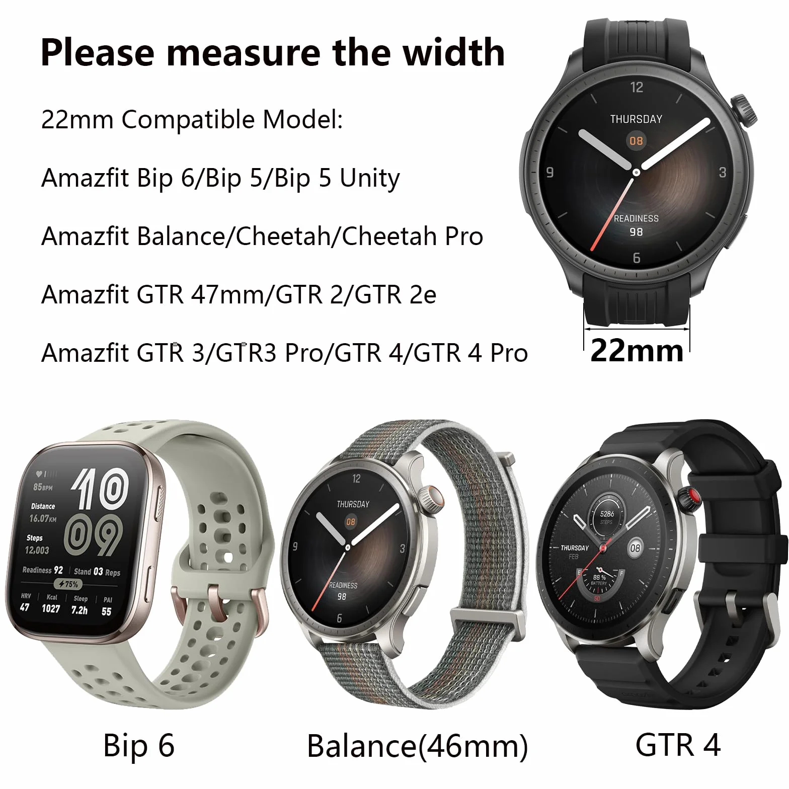 Nylonowy pasek do zegarka 22 mm do Amazfit Bip 6/Bip 5/Bip 5 Unity/Amazfit Balance/GTR 4/GTR4 Pro/GTR 3/GTR3 Pro/GTR 2/GTR 47 mm / Cheetah/Cheetah Pro, zapasowy pasek dla mężczyzn i kobiet