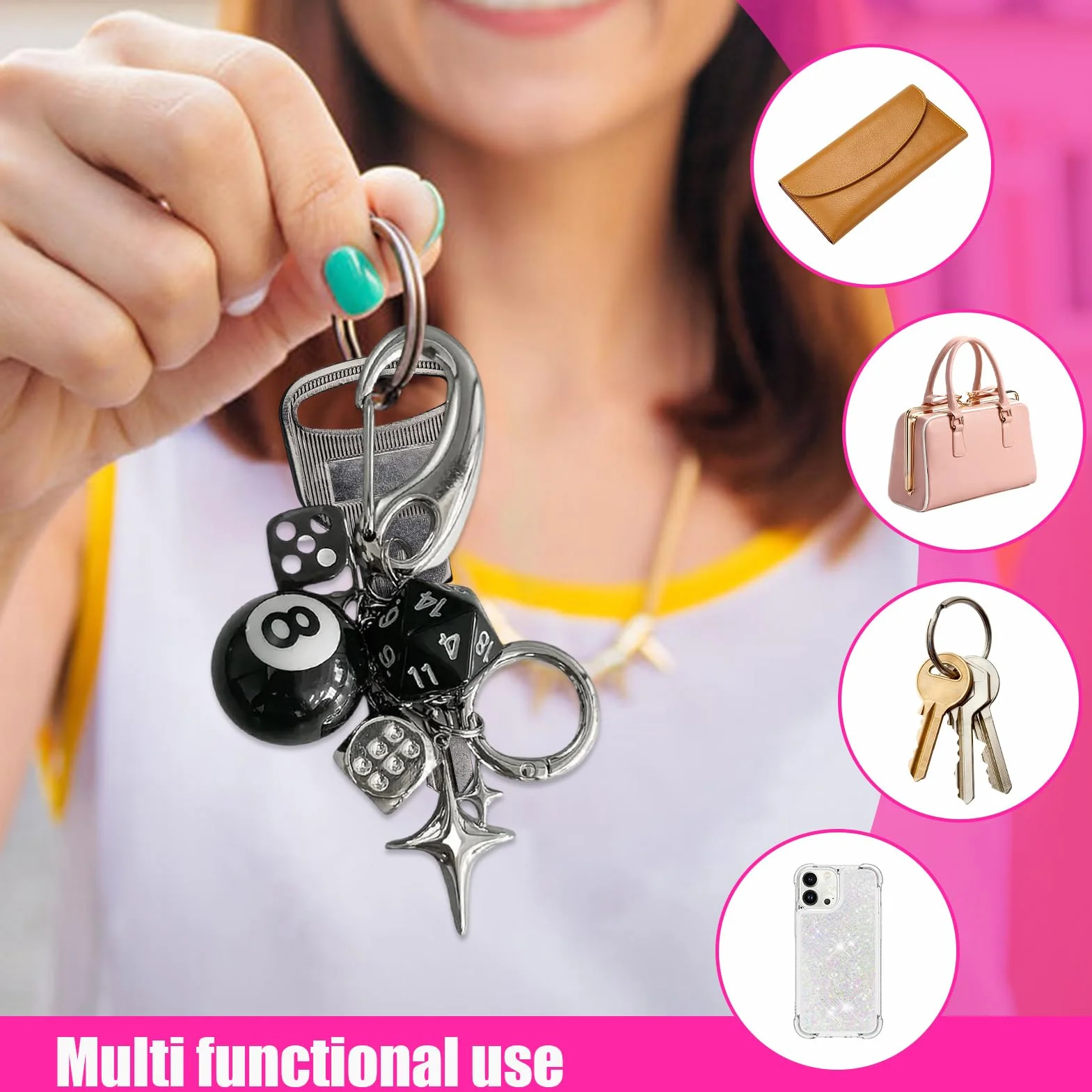 Dice Bag Charm, Cute Retro Pendant, Metal Dice Design with Multipurpose Keyrings Accessories and Fashion Ornaments, (1 Piece, Silver), Perfect for Personalizing Backpacks, Purses