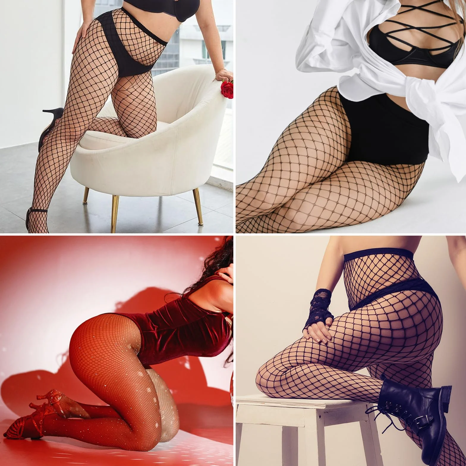 Abeillo 4 pary plus size pończochy kabaretki, rozciągliwe rajstopy z wysokim stanem, czarne legginsy, 4 style, L