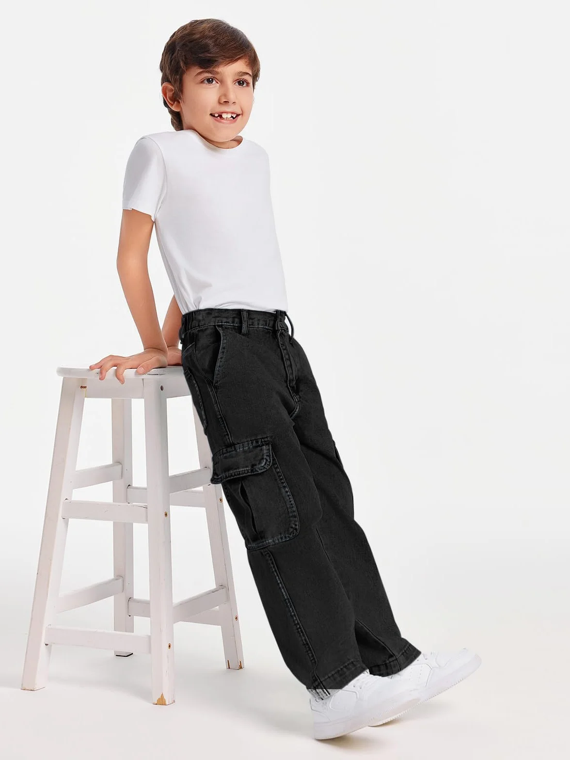 Haloumoning Chłopięce spodnie cargo dziecięce Baggy Jeans Casual spodnie rekreacyjne jesień modne spodnie jeansowe z elastycznym ściągaczem, 5-14 lat