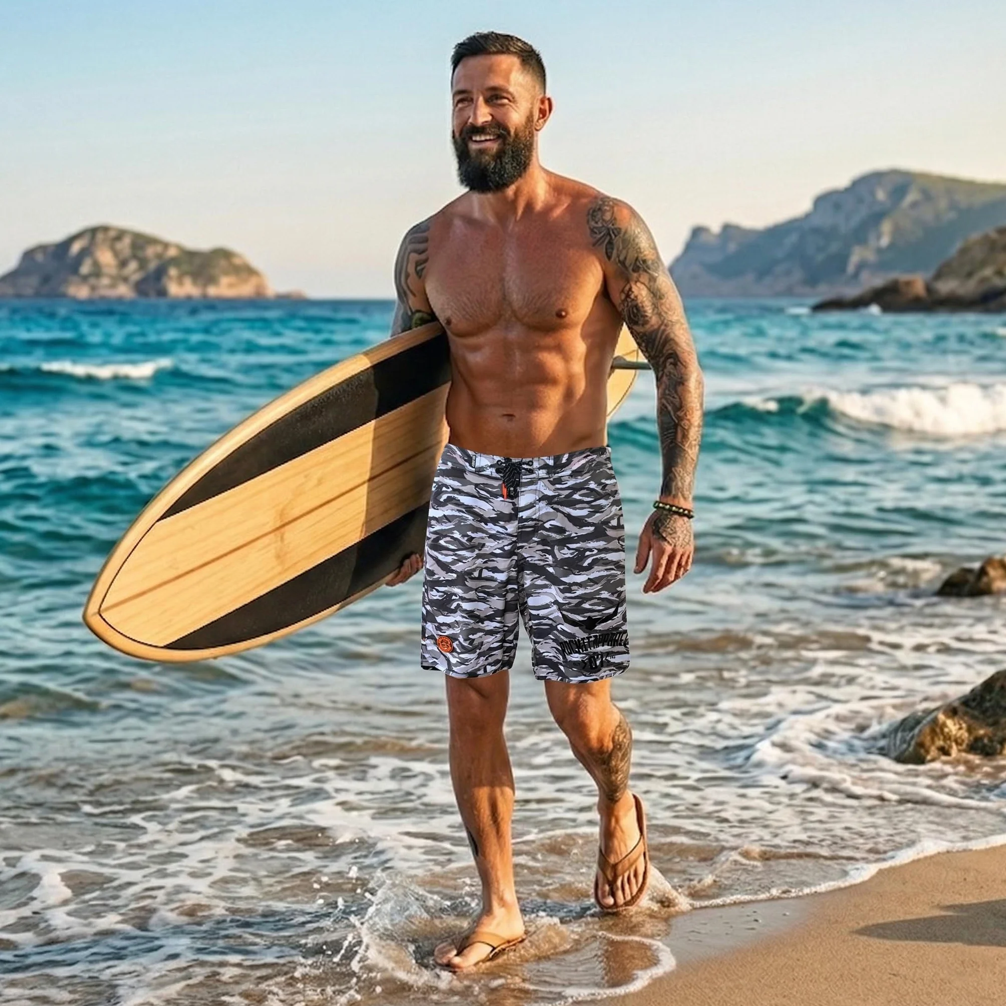 ROCK-IT Apparel Męskie spodenki typu boardshorts, bez podszewki, w kamuflażu, szybkoschnące, z wieloma kieszeniami, szorty surfingowe, strój kąpielowy [rozmiary S-3XL]