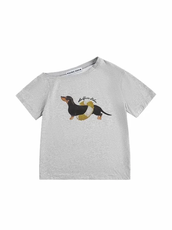 Aelfric Eden Dachshund Off Shoulder T-shirt damski z kreskówki pies t-shirt letnia górna część casualowa koszulka z krótkim rękawem basic okrągły dekolt top Y2K