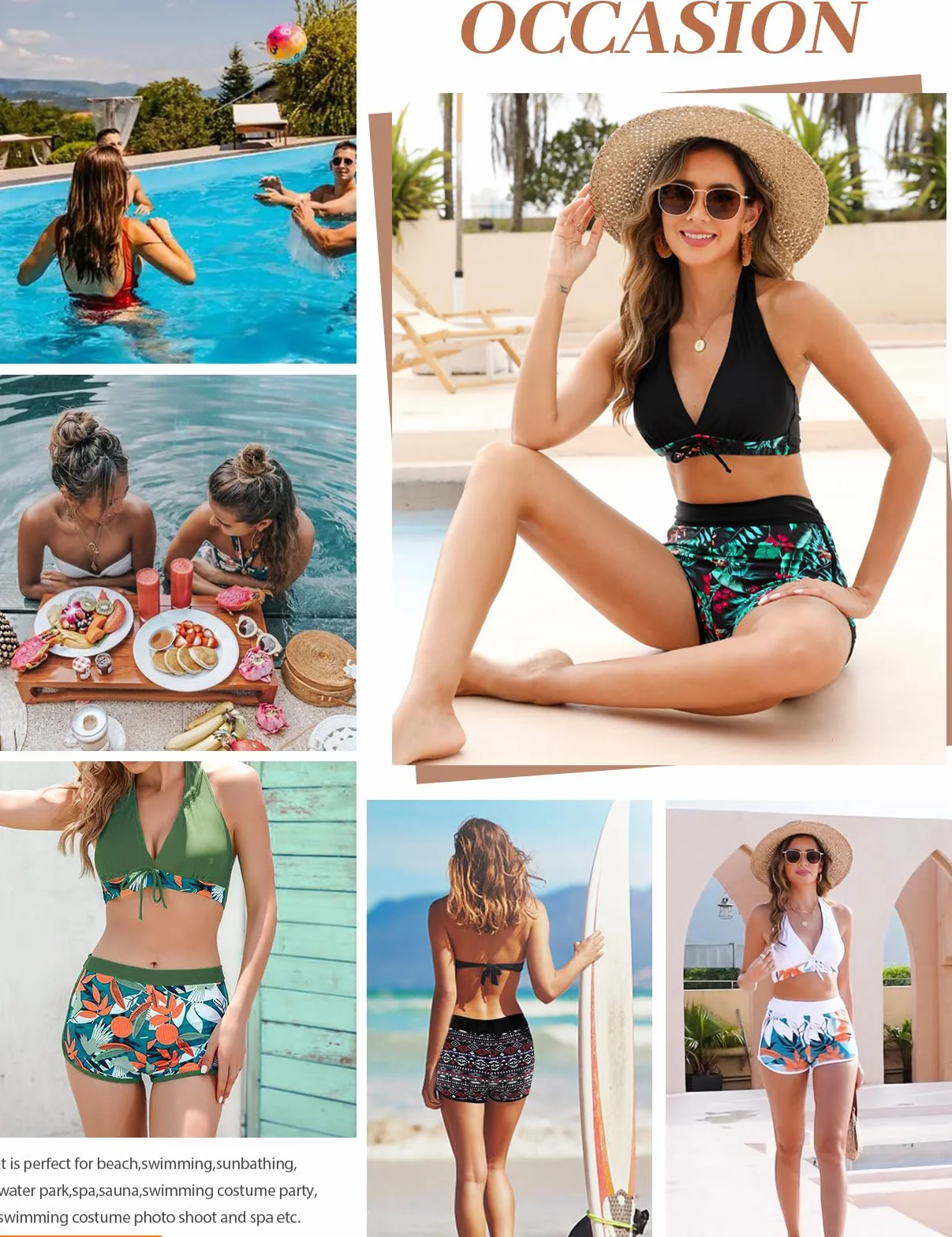 Tuopuda Damskie dwuczęściowe zestawy bikini z głębokim dekoltem w serek, strój kąpielowy z wysokim stanem, kontrola brzucha, top z szortami, kostium kąpielowy