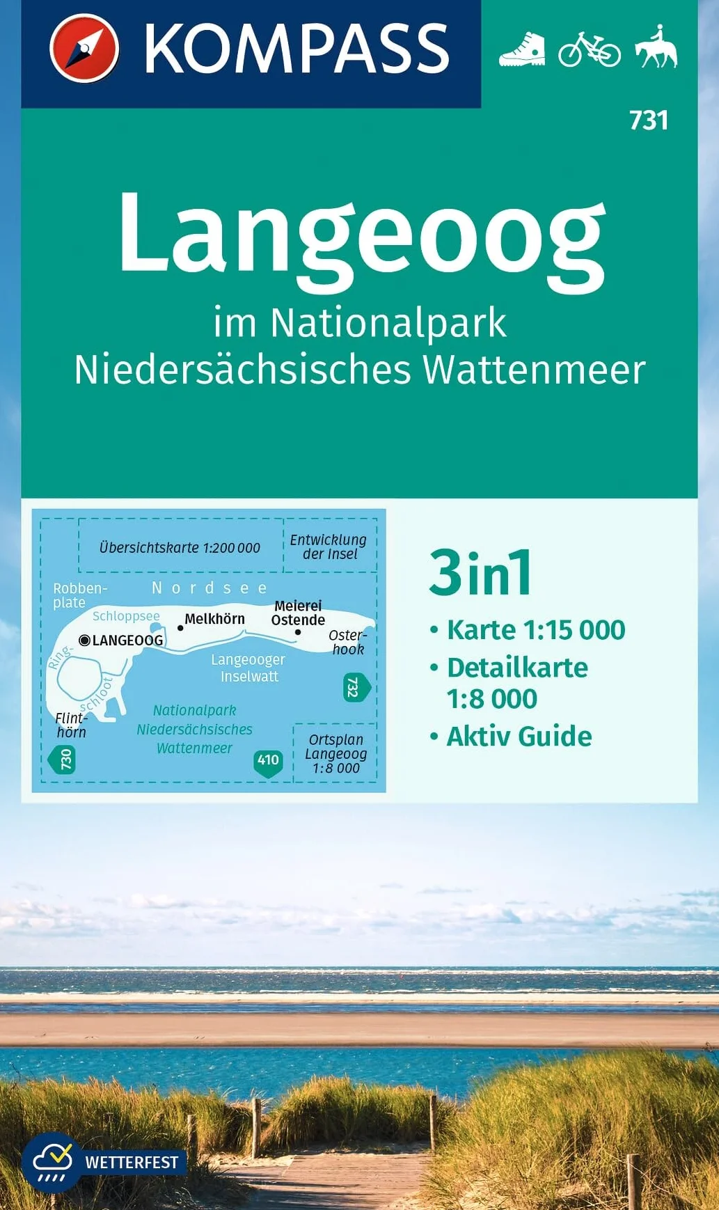 KOMPASS Wanderkarte 731 Langeoog im Nationalpark Niedersächsisches Wattenmeer 1:15.000: 3in1 Wanderkarte, mit Aktiv Guide und Detailkarte. Fahrradfahren. Reiten.