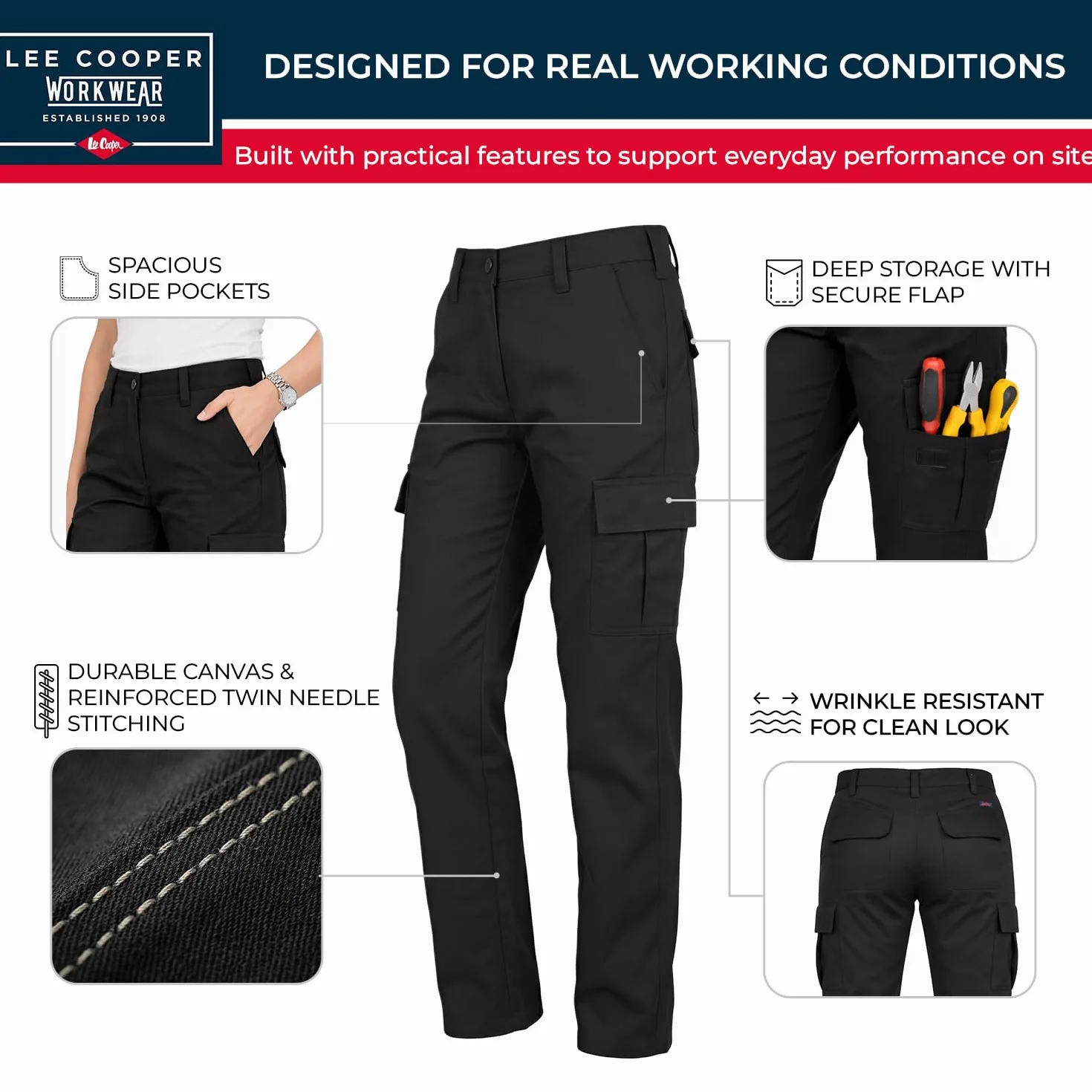 Lee Cooper Damskie wytrzymałe łatwe w pielęgnacji wiele kieszeni bezpieczeństwo pracy klasyczne spodnie cargo