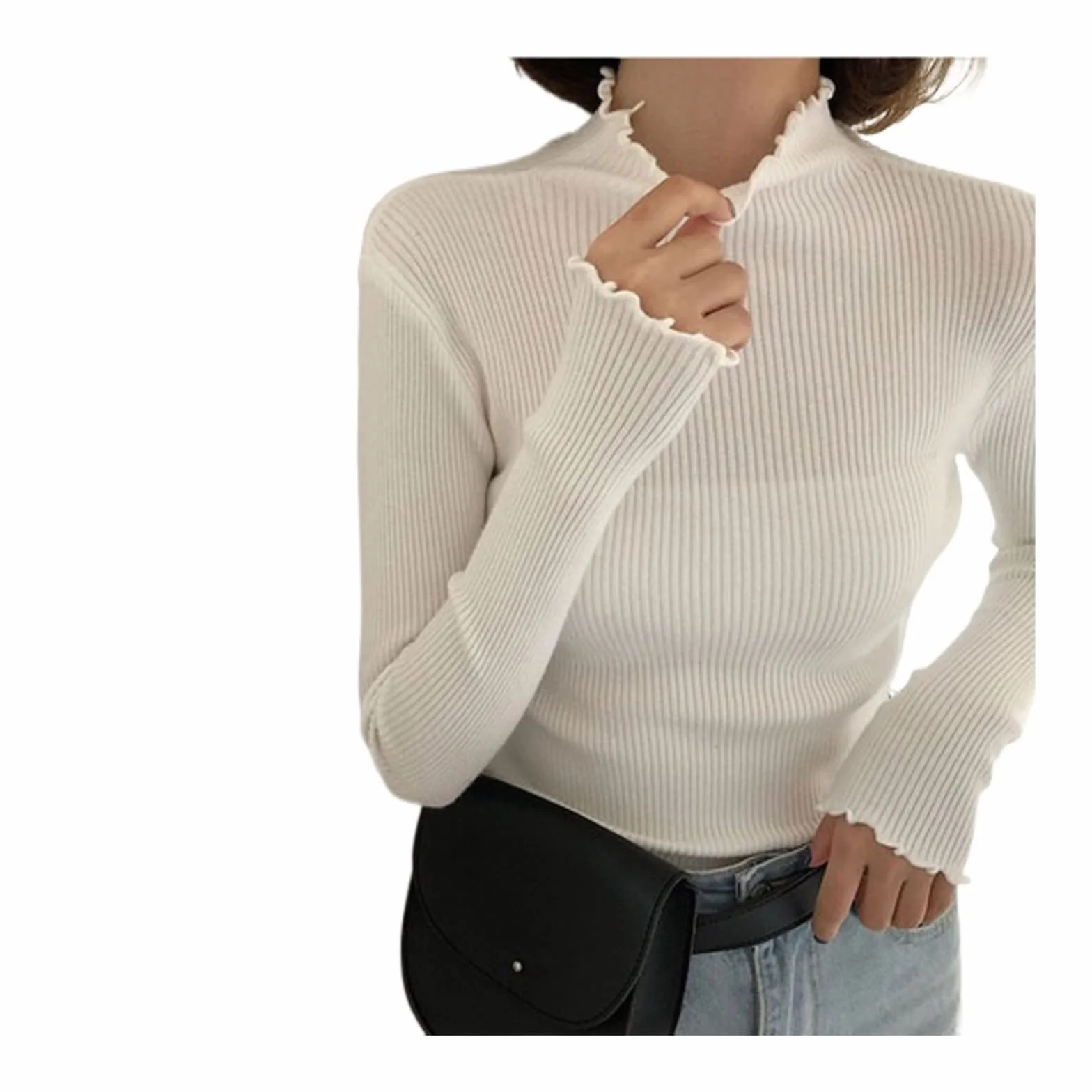 Damskie kardigany Fall Winter Ruffles Sweater Turtleneck Ruched Women Sweaters High Elastic Solid Female Slim Sexy Knitted Pullovers(White)