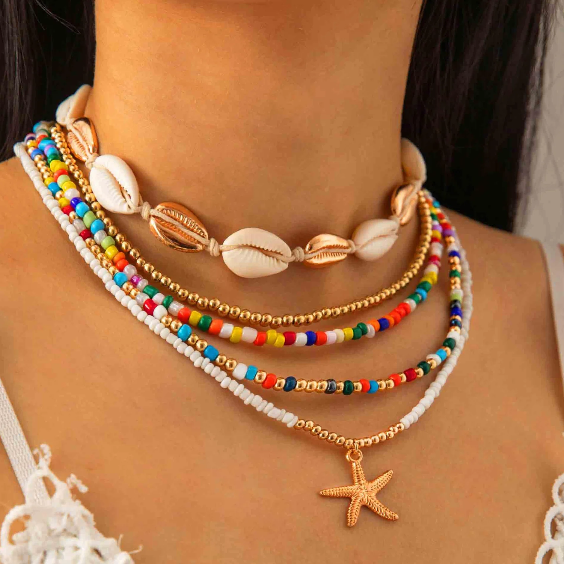 Naszyjnik w stylu boho, kolorowe muszle, koraliki warstwowe, naszyjnik, plaża, rozgwiazda, biżuteria damska, metal, metal, Metal