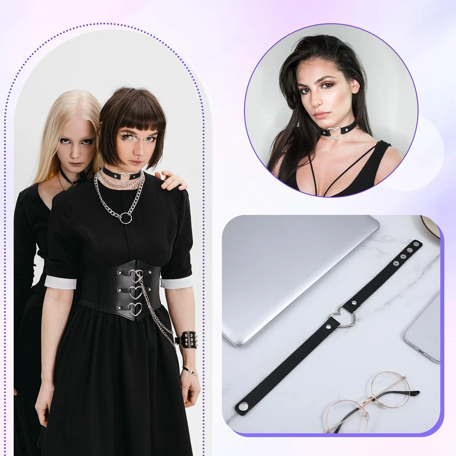 DSLSQD 2 sztuki punkowych sercowych naszyjników typu choker, z czterema klamrami, regulowane, gotyckie chokery, skóra PU, naszyjnik z łańcuszkiem, wisiorek w kształcie serca, elegancki kołnierz