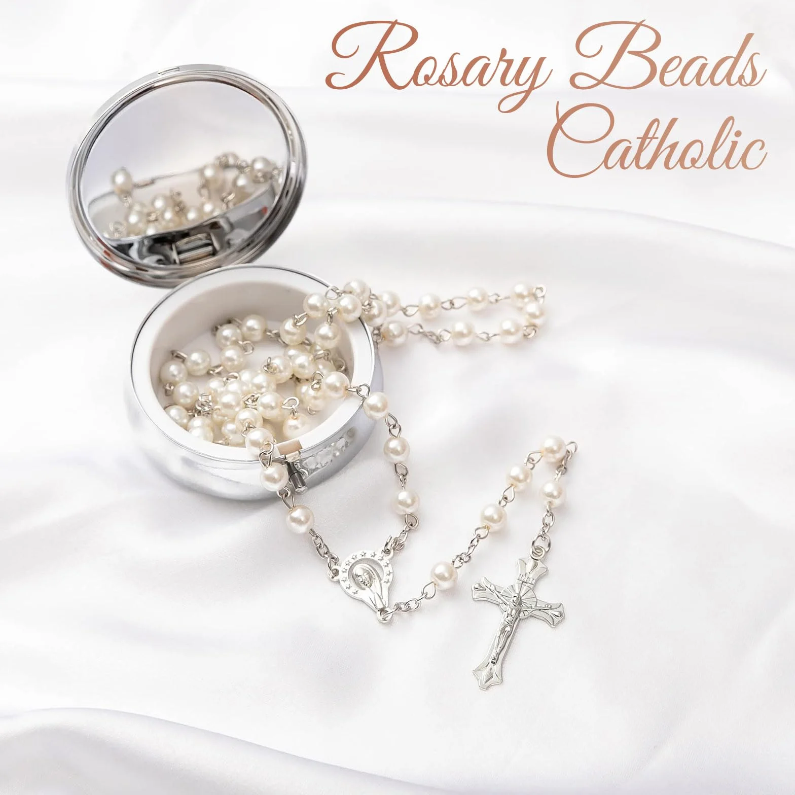 GlamRays Rosaria Beads Catholic - prezenty bierzmujące dla nastolatek, srebrne metalowe pudełko upominkowe w prostym stylu, biały różaniec ze sztucznej perły, prezenty dla kobiet, Large