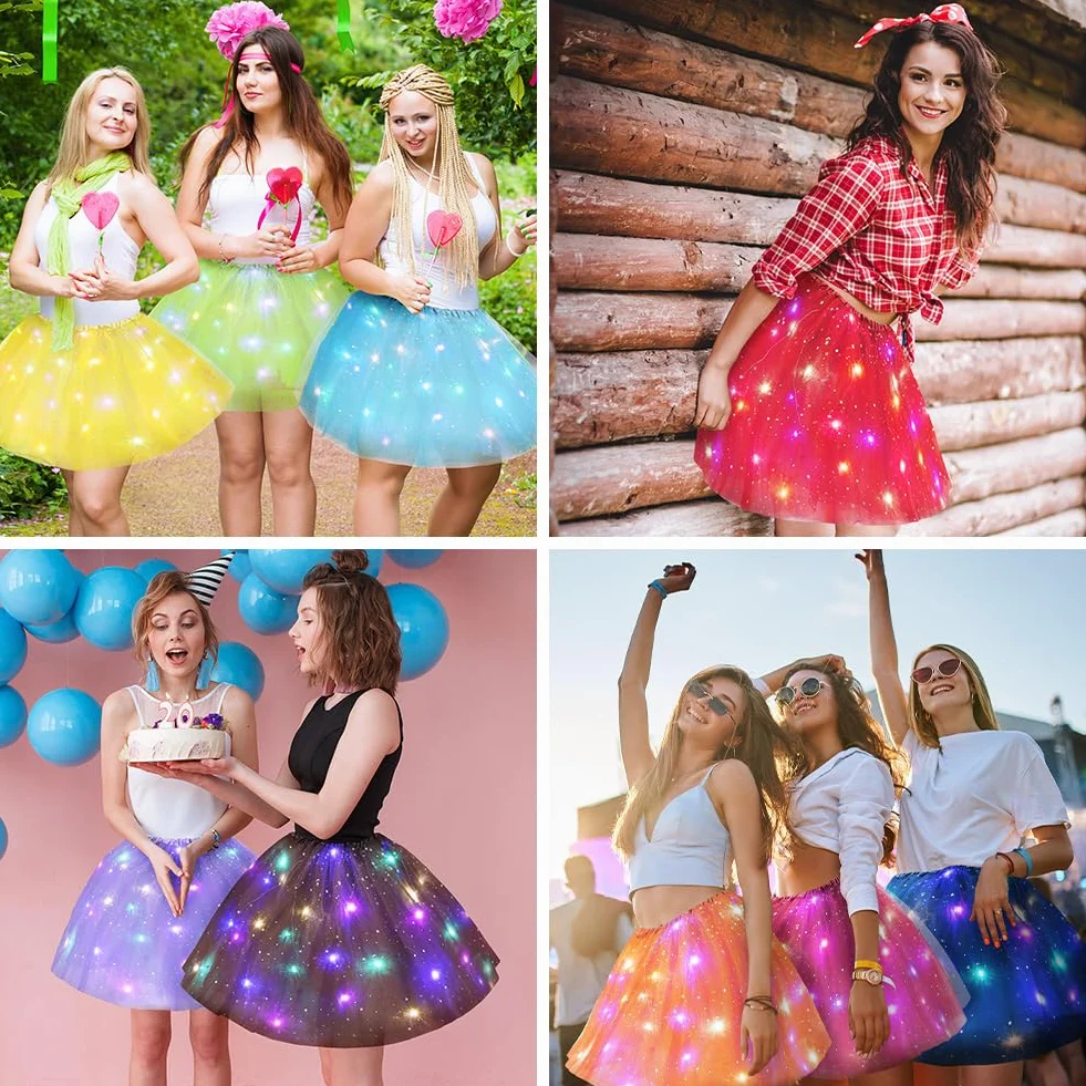 Spódnica z tiulu LED, 3-warstwowe tiulowe spódnice do tańca, świecąca spódnica LED, spódnica tutu na karnawał, Boże Narodzenie, Halloween, ślub