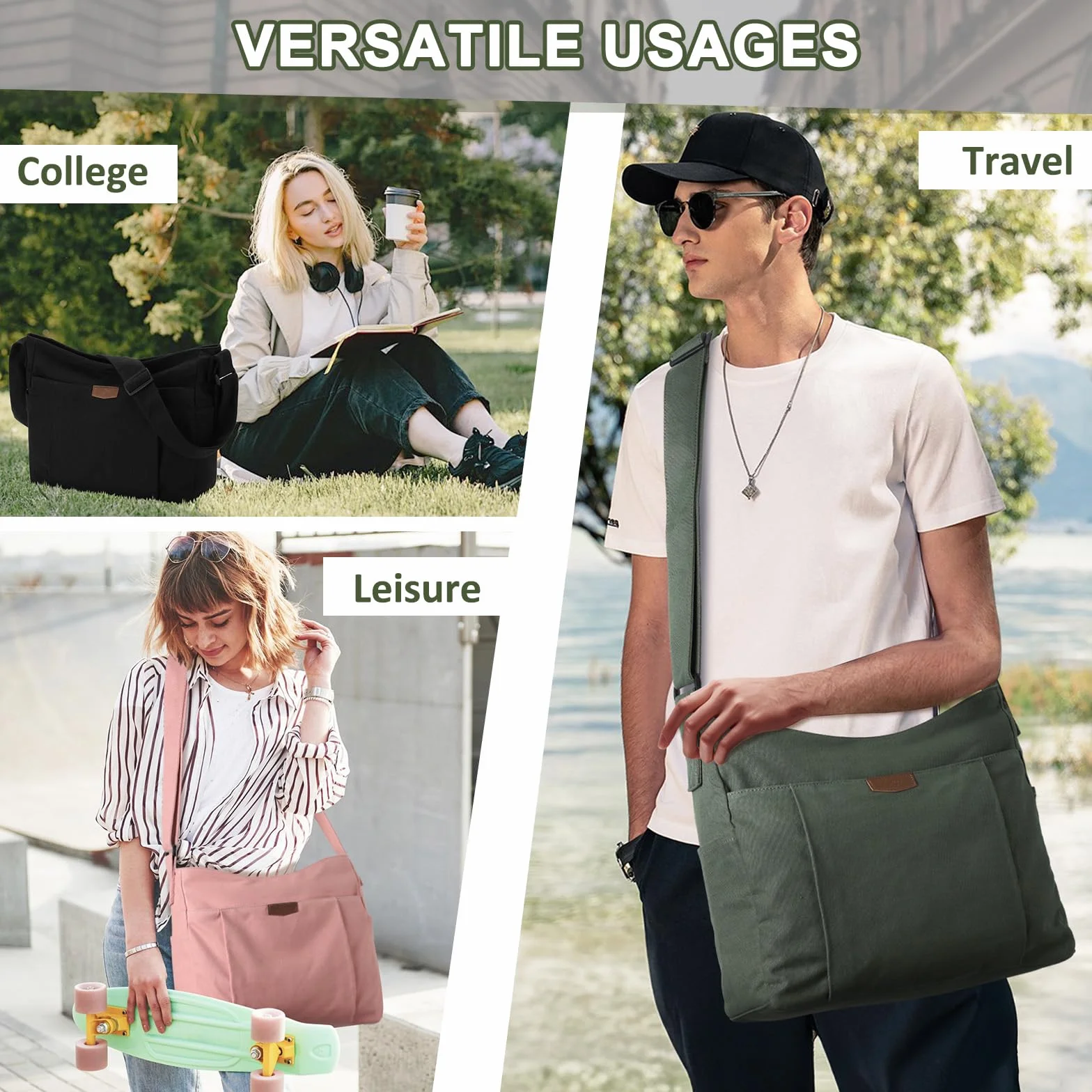 Płócienna torba listonoszka, lekka torba hobo, crossbody, dla kobiet, mężczyzn, duża, na co dzień, torba na ramię, na uczelnię, podróż, do pracy