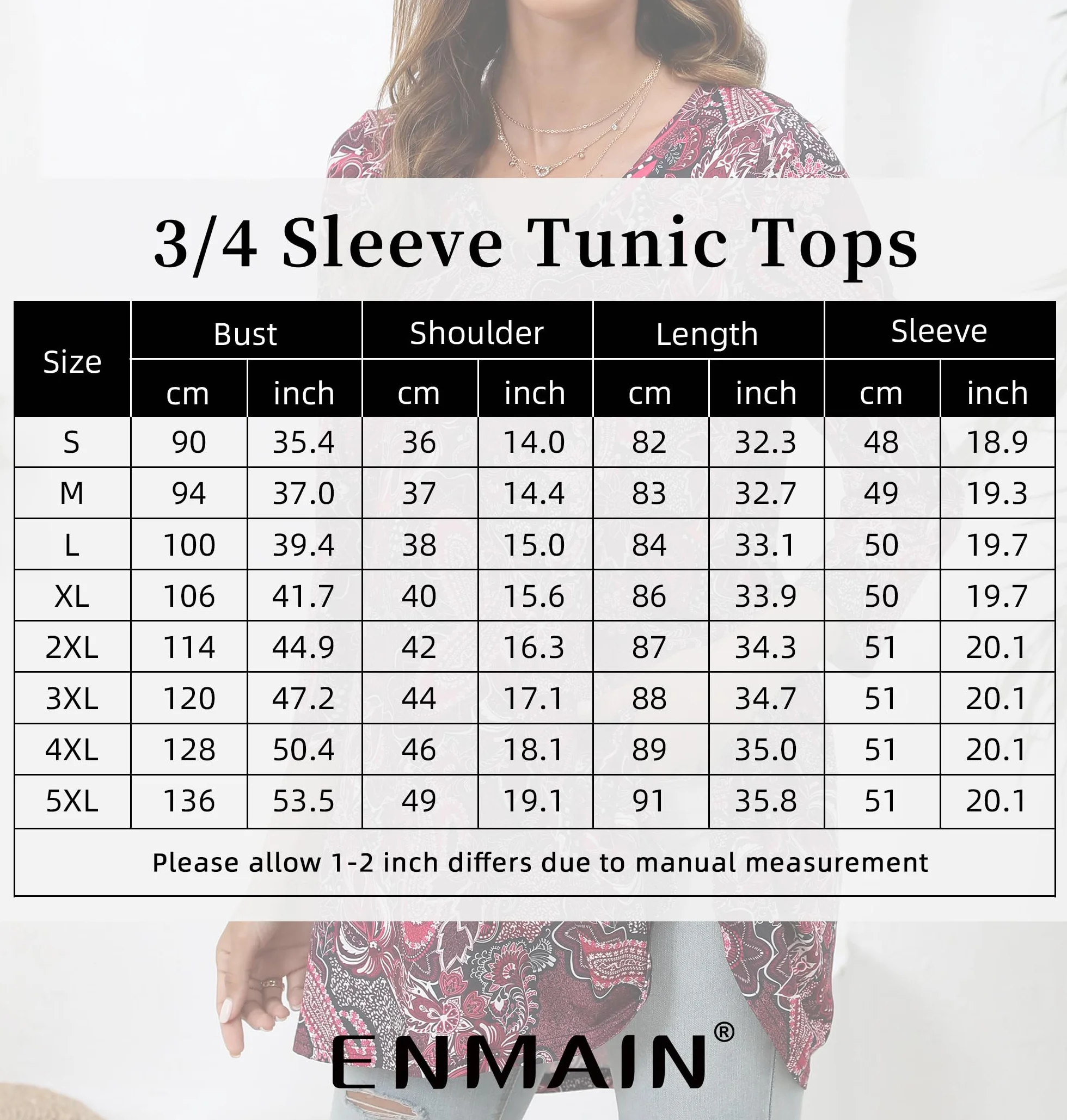 Enmain Koszula Damska Plus Size Tunika Bluzka Dekolt V 3/4 Długi Rękaw Elegancki Wygodny Codzienny Jednolity/Nadrukowany Dla Tuniki Kobiety