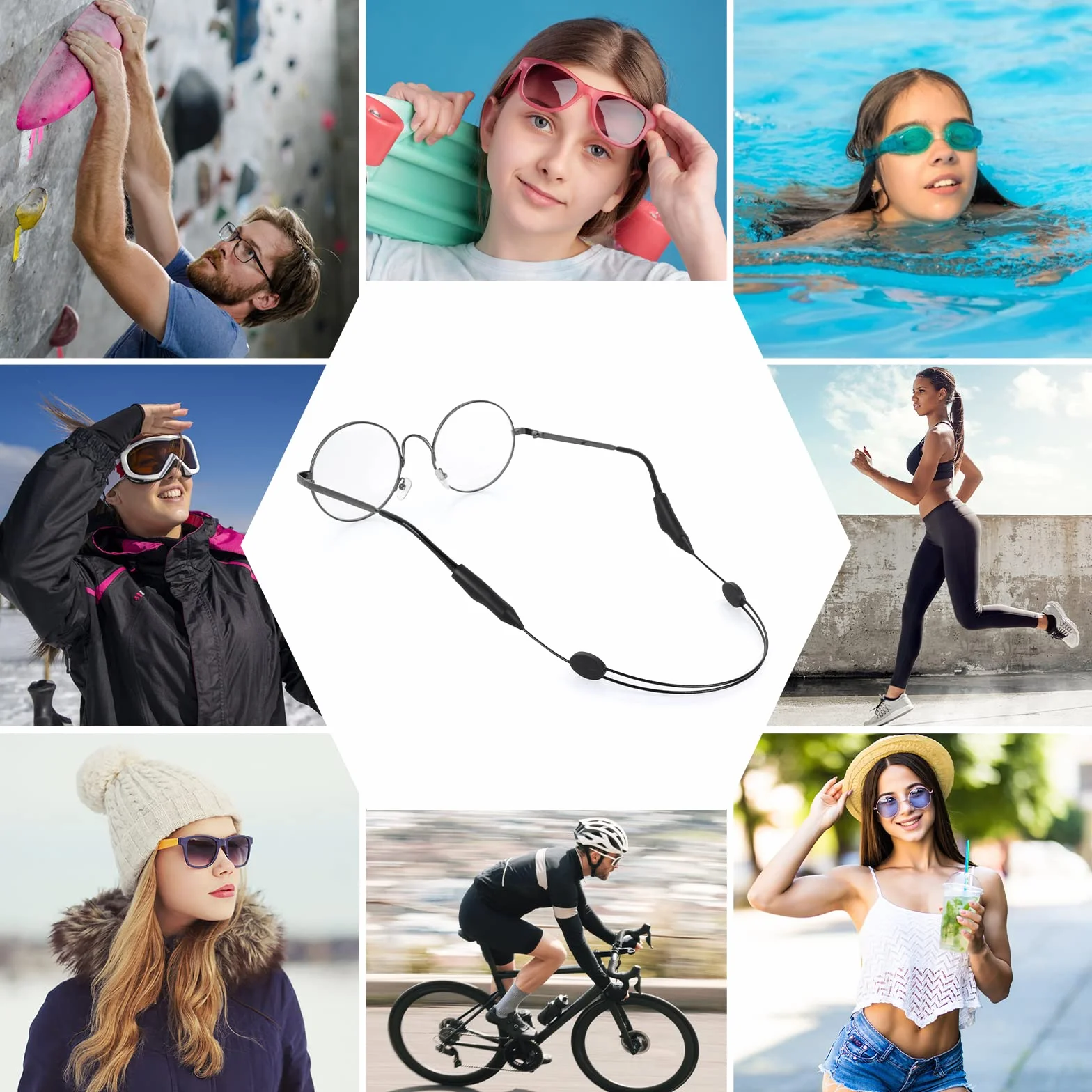 TIESOME Regulowany pasek do okularów, 4 sztuki, bez ogona, antypoślizgowy pasek na okulary przeciwsłoneczne, sportowy pasek na okulary dla mężczyzn, kobiet, dzieci, Czarny