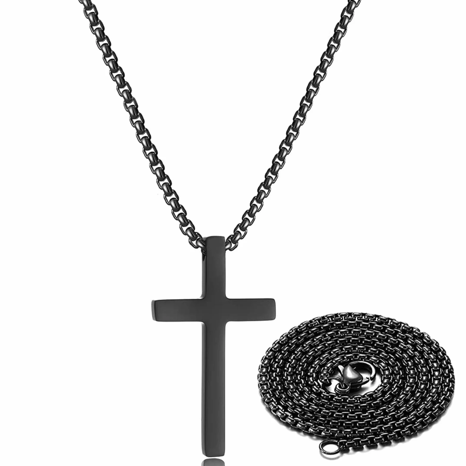 Moguri Naszyjnik z krzyżykiem dla mężczyzn, 60 cm, ze stali nierdzewnej, wisiorek, łańcuszek, biżuteria, pudełko prezentowe dla chłopców, zawiera 1 łańcuszek zastępczy o długości 45 cm, czarny