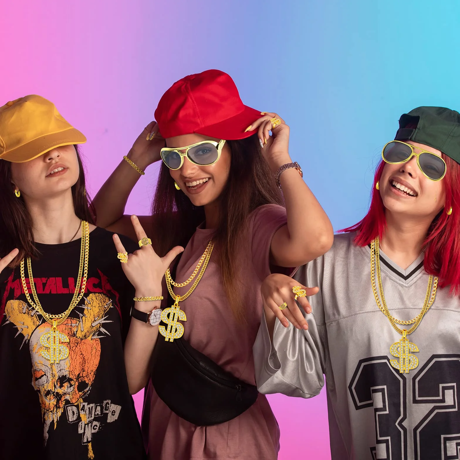 Dreamtop Dollar zestaw łańcuszków hiphopowych kostium złoty dolar wisiorek złoty łańcuszek, pierścionek, okulary przeciwsłoneczne, kapelusz rybaka w stylu lat 80-tych 90., kostium a, złoty
