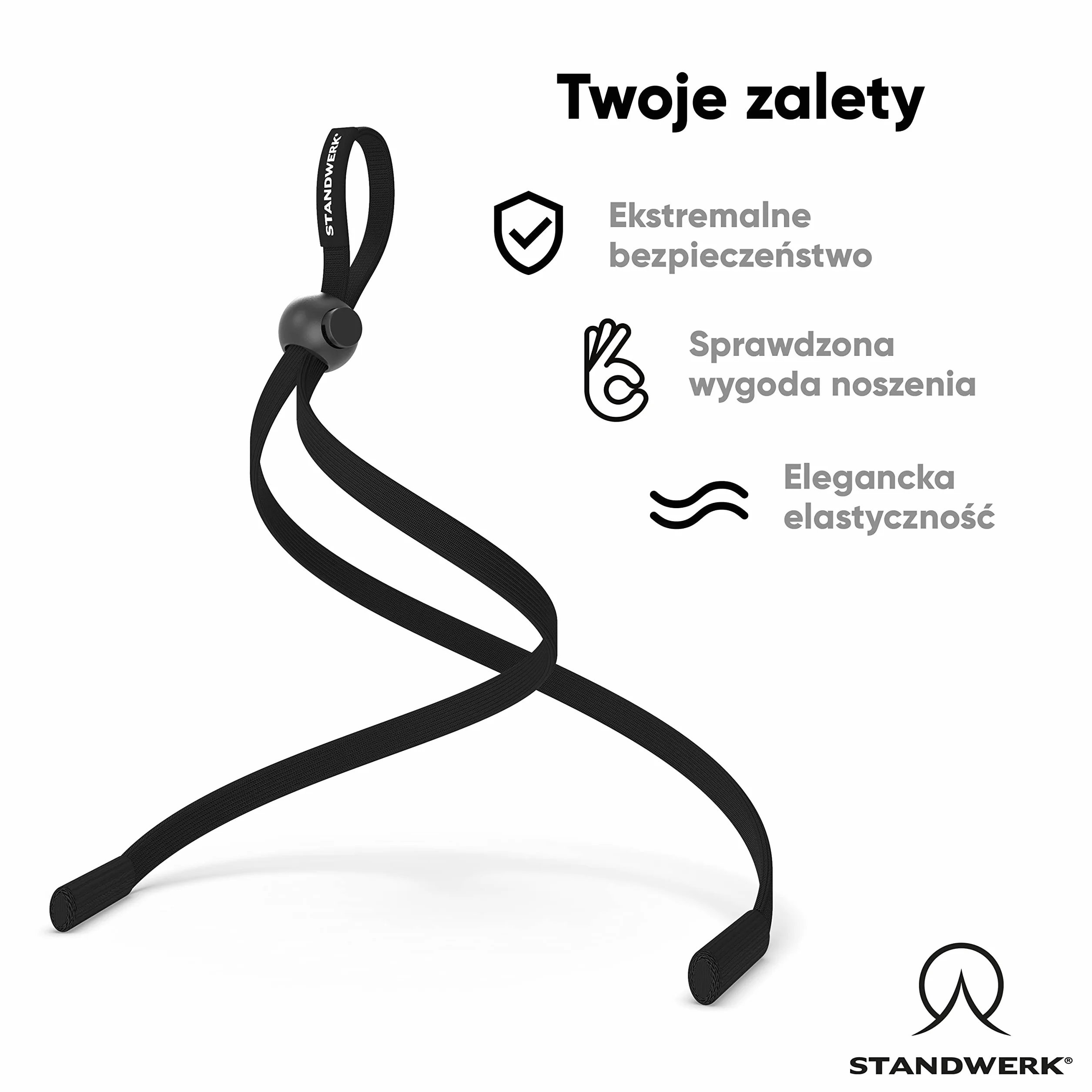 STANDWERK® Basic+ pasek na okulary – idealnie regulowany pasek na okulary sportowe – uchwyt na okulary, odpowiedni do uprawiania sportu i w czasie wolnym, niezawodny i wodoodporny