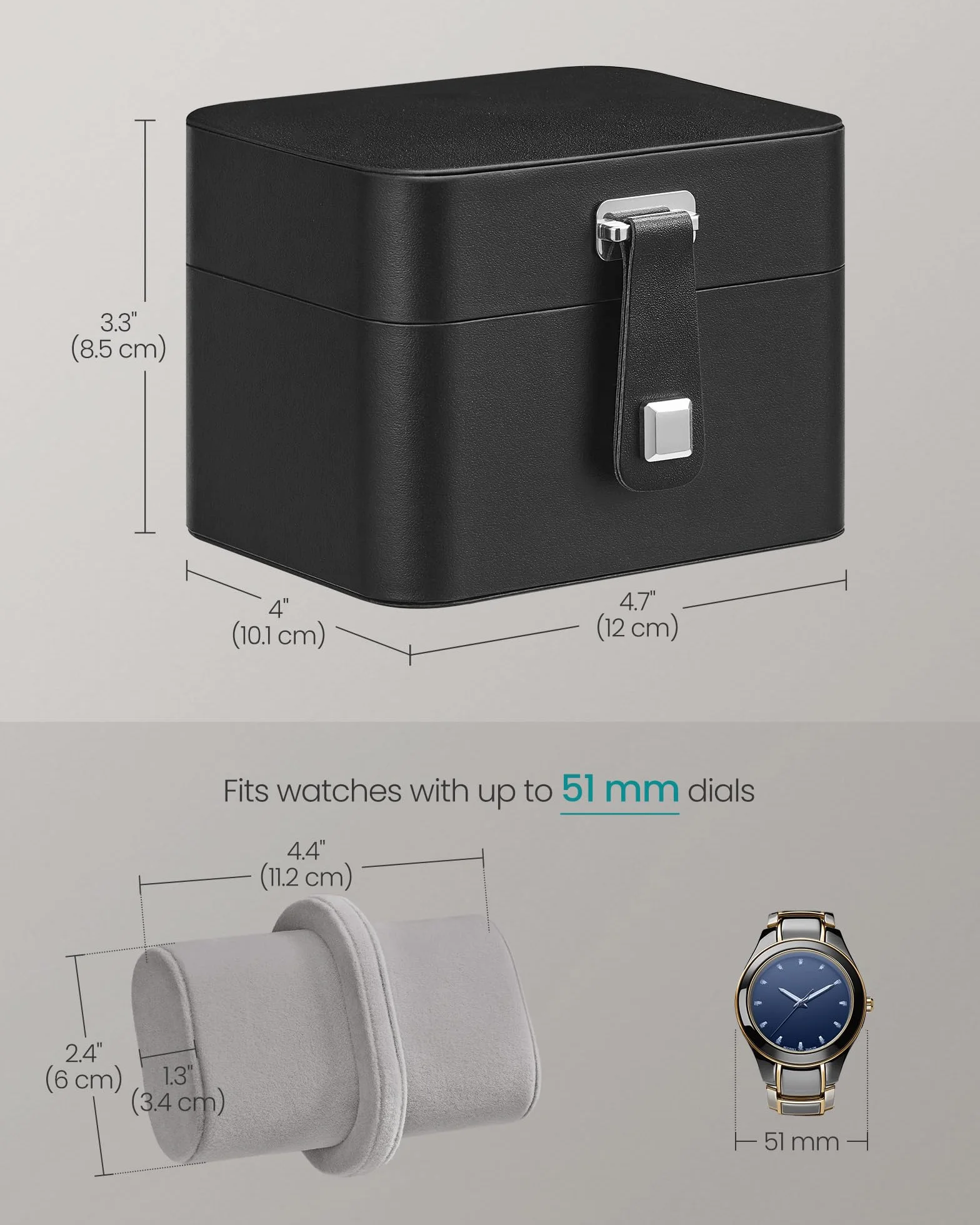 SONGMICS JWB029GD01 pudełko na zegarki do podróży z 2 przegródkami, etui na 2 zegarki, poduszka z ukrytym przechowywaniem, regulowana przegródka, kieszeń z klapką, 10,1 x 12 x 8,5 cm, pomysł na