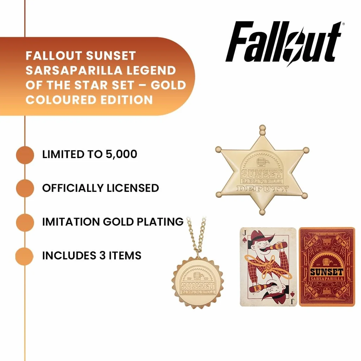 Zestaw kolekcjonerski Sarsaparilla Fallout Sunset - specjalna edycja w kolorze złotym | zawiera 3 unikalne przedmioty | oficjalnie licencjonowany + limitowany do 5000
