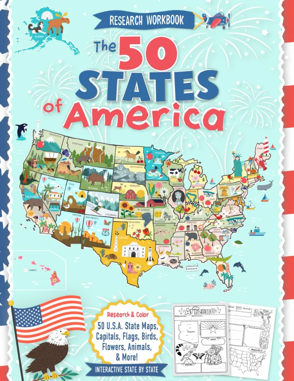 The 50 States of America: A Research Workbook for Kids: Learn USA Geography & State Symbols - Color and Discover All 50 States Maps, Capitals, Flags, Birds, Flowers, Trees, Animals, and More!