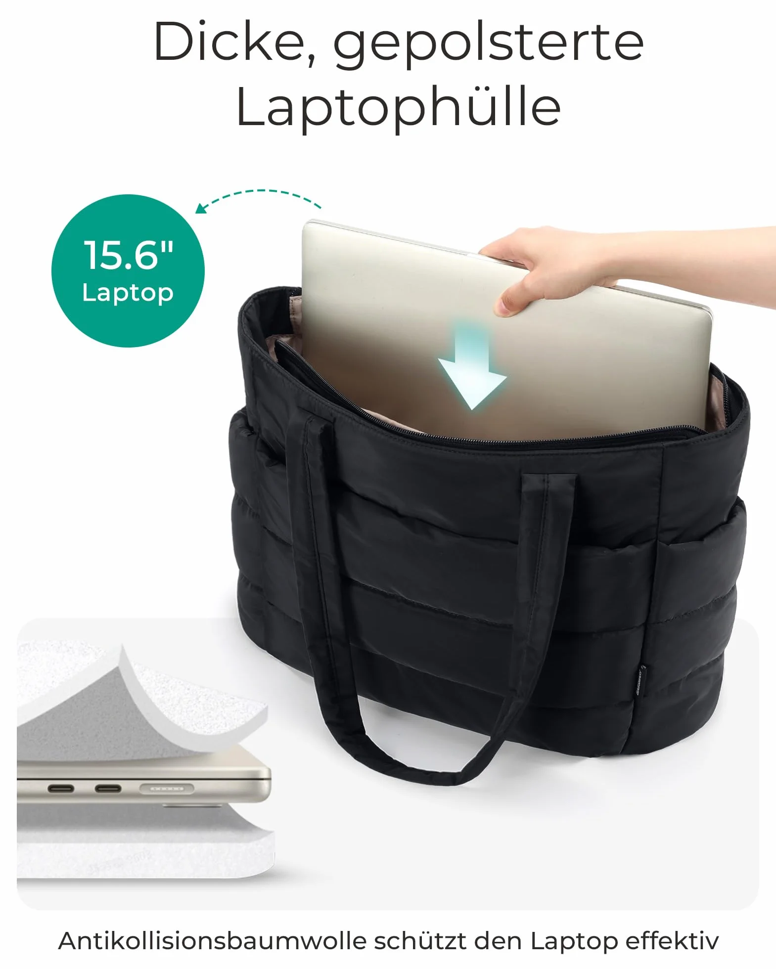 bagsmart Torebka damska Puffy Tote Bag torba na ramię, 20 l, torba robocza z zamkiem błyskawicznym, lekka torebka do pracy, podróży, na zakupy, do szkoły